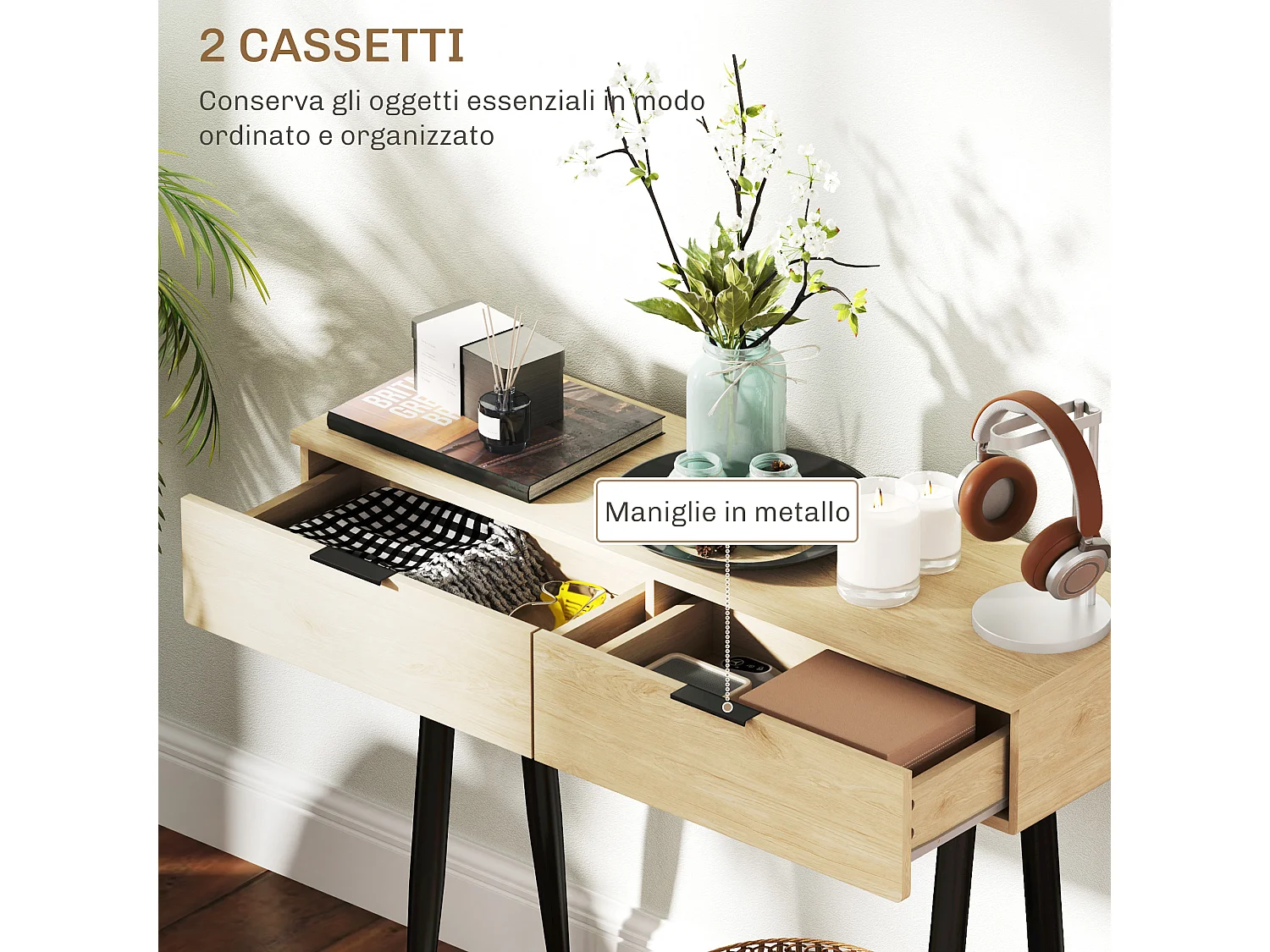 Consolle da ingresso con 2 cassetti stile nordico colore rovere