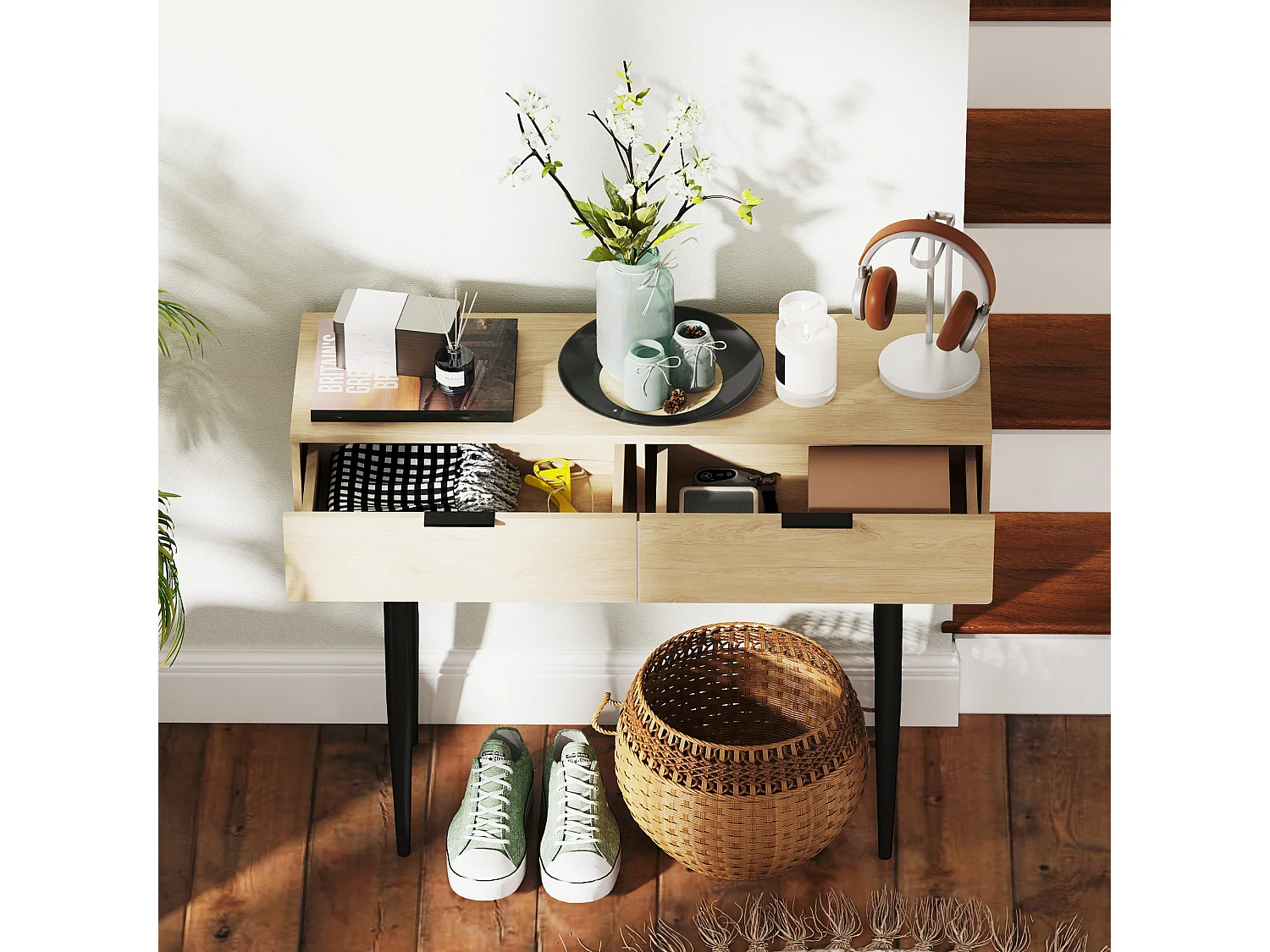 Consolle da ingresso con 2 cassetti stile nordico colore rovere