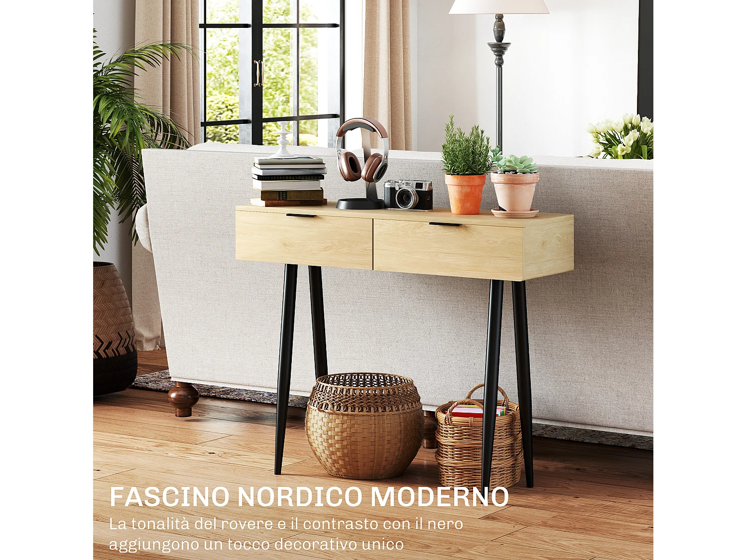 Consolle da ingresso con 2 cassetti stile nordico colore rovere