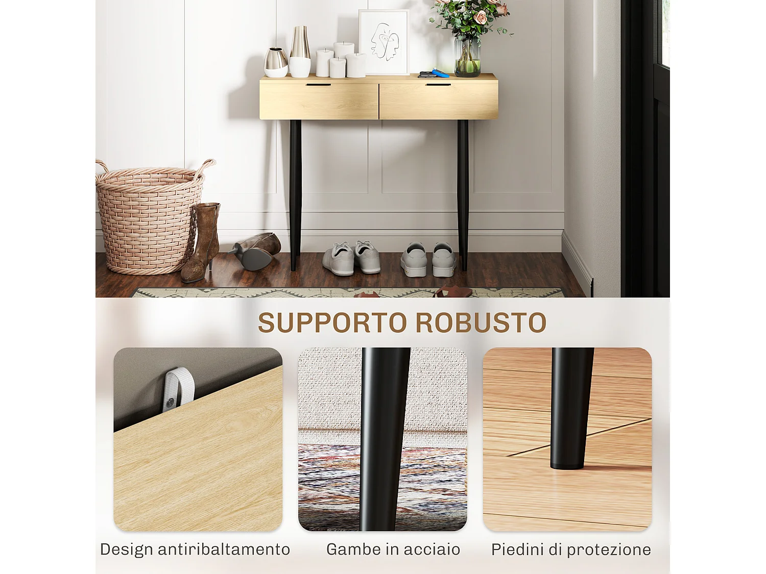 Consolle da ingresso con 2 cassetti stile nordico colore rovere