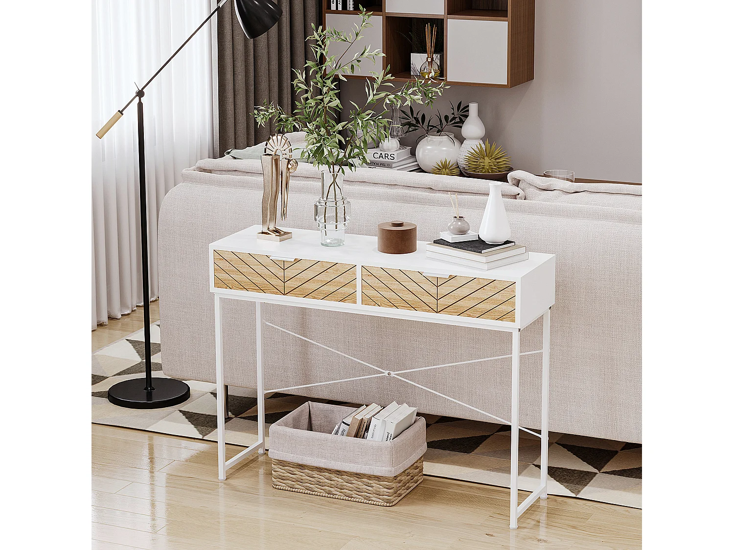 Consolle moderna con 2 cassetti in metallo 100x30x75cm bianco