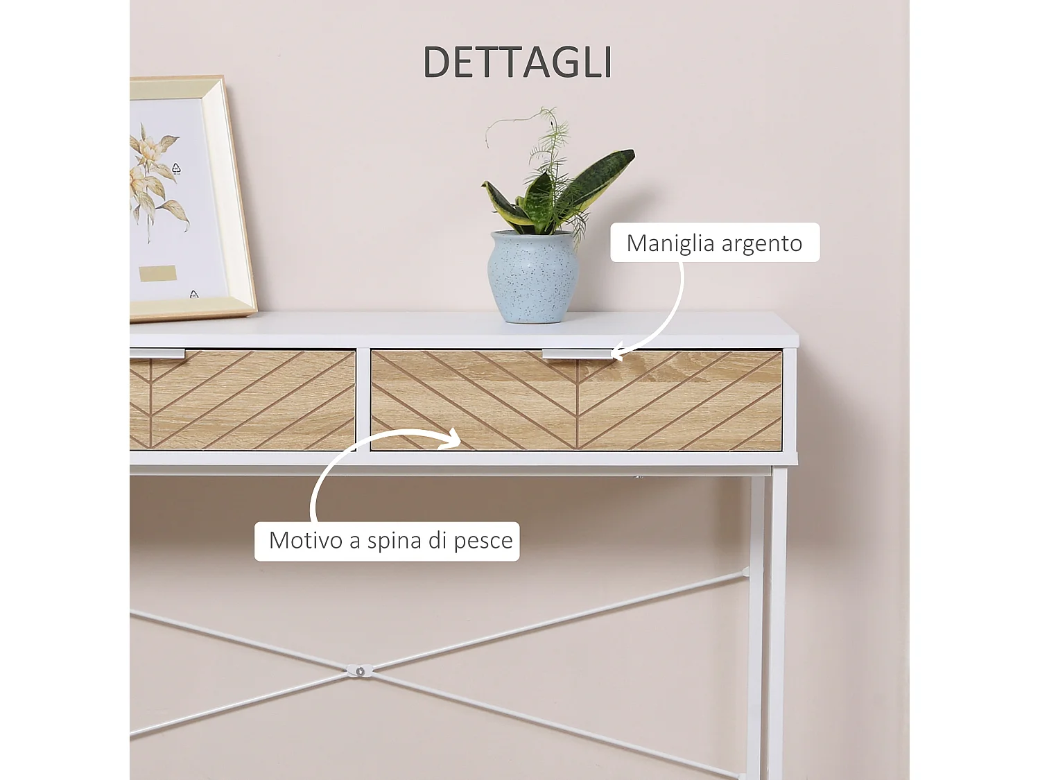 Consolle moderna con 2 cassetti in metallo 100x30x75cm bianco