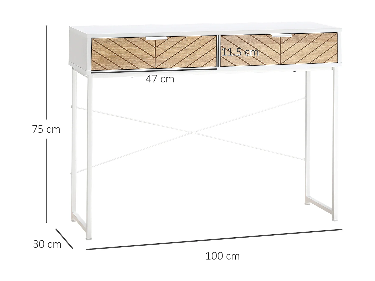 Consolle moderna con 2 cassetti in metallo 100x30x75cm bianco