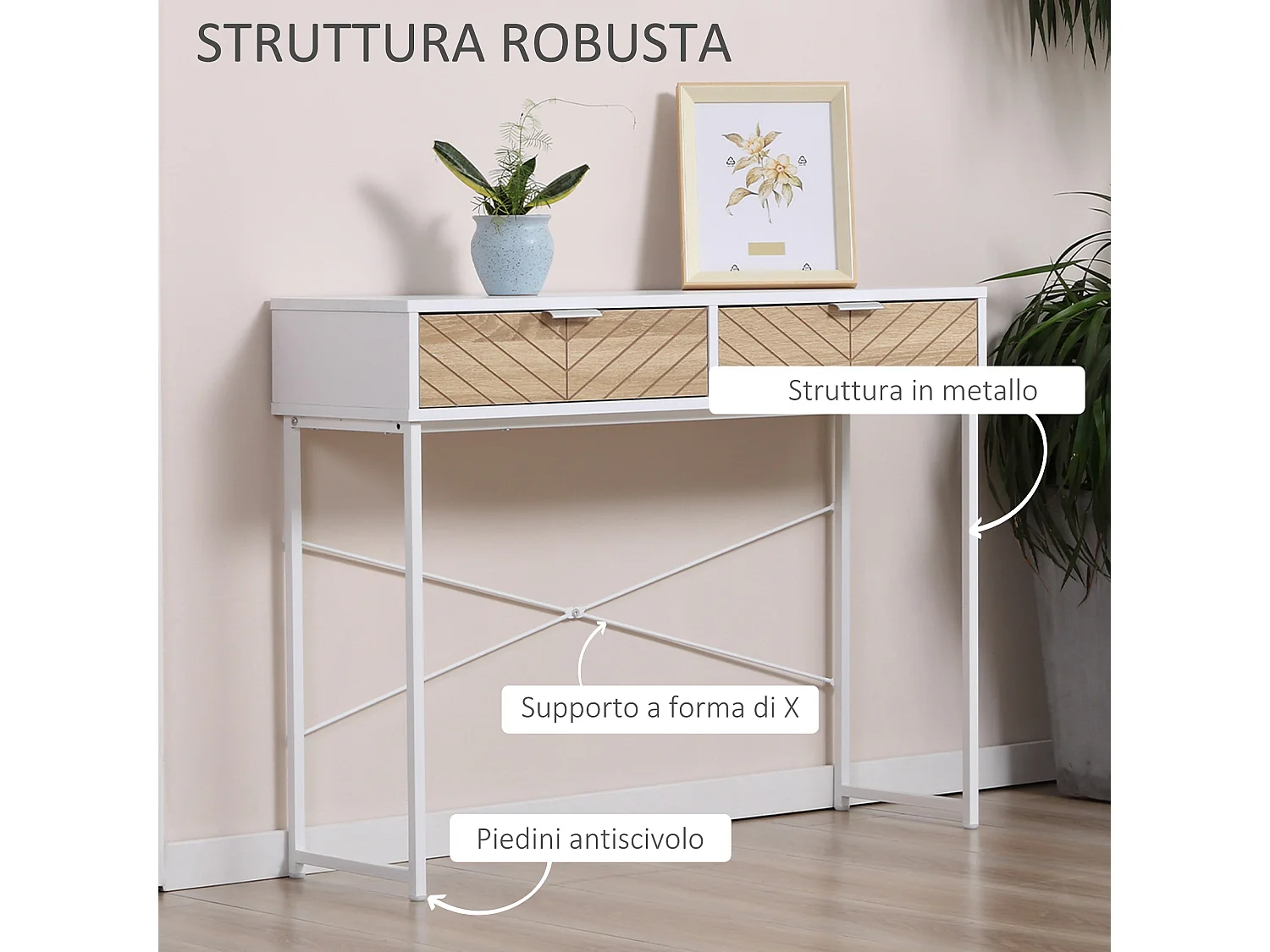 Consolle moderna con 2 cassetti in metallo 100x30x75cm bianco