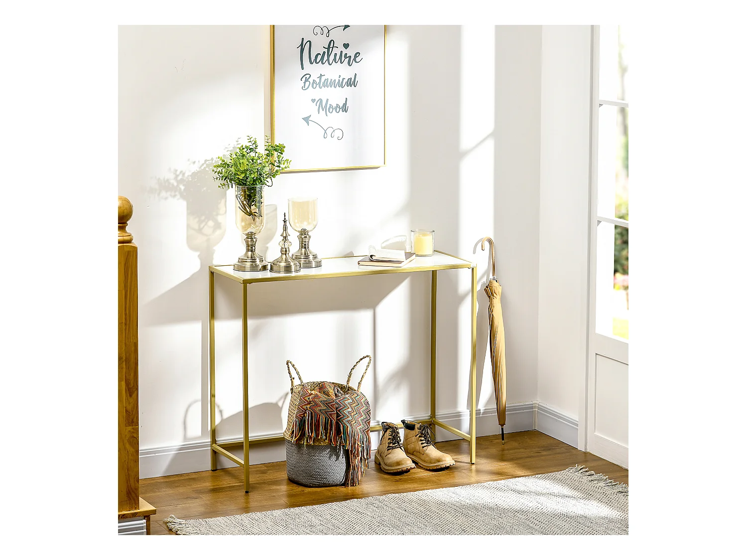 Tavolino consolle da ingresso in acciaio e vetro temperato