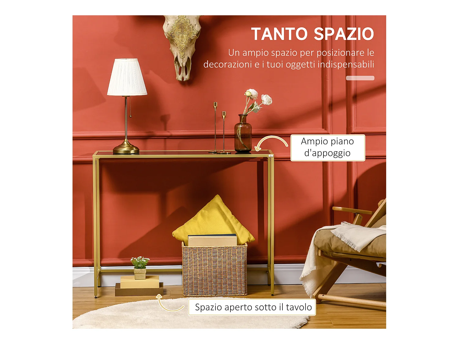 Tavolino consolle da ingresso in acciaio e vetro temperato