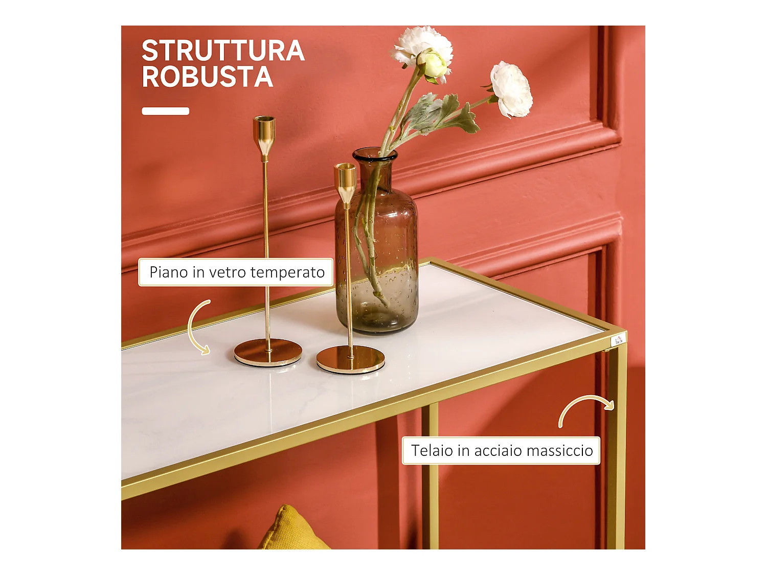 Tavolino consolle da ingresso in acciaio e vetro temperato