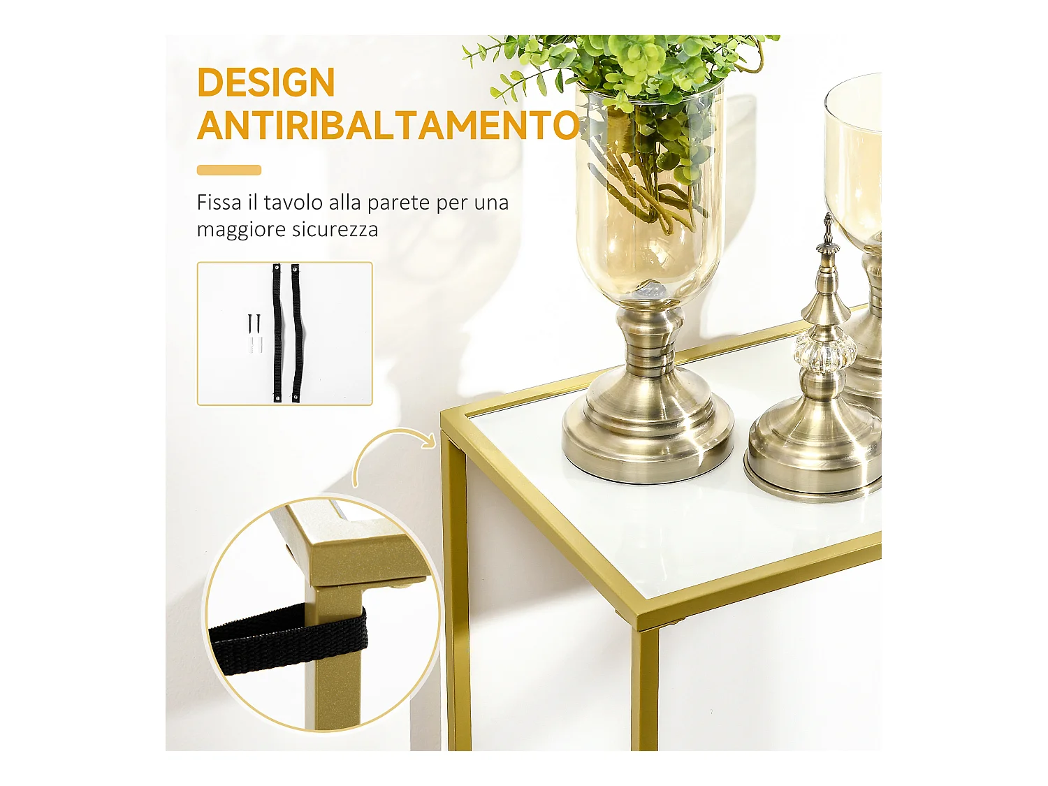 Tavolino consolle da ingresso in acciaio e vetro temperato