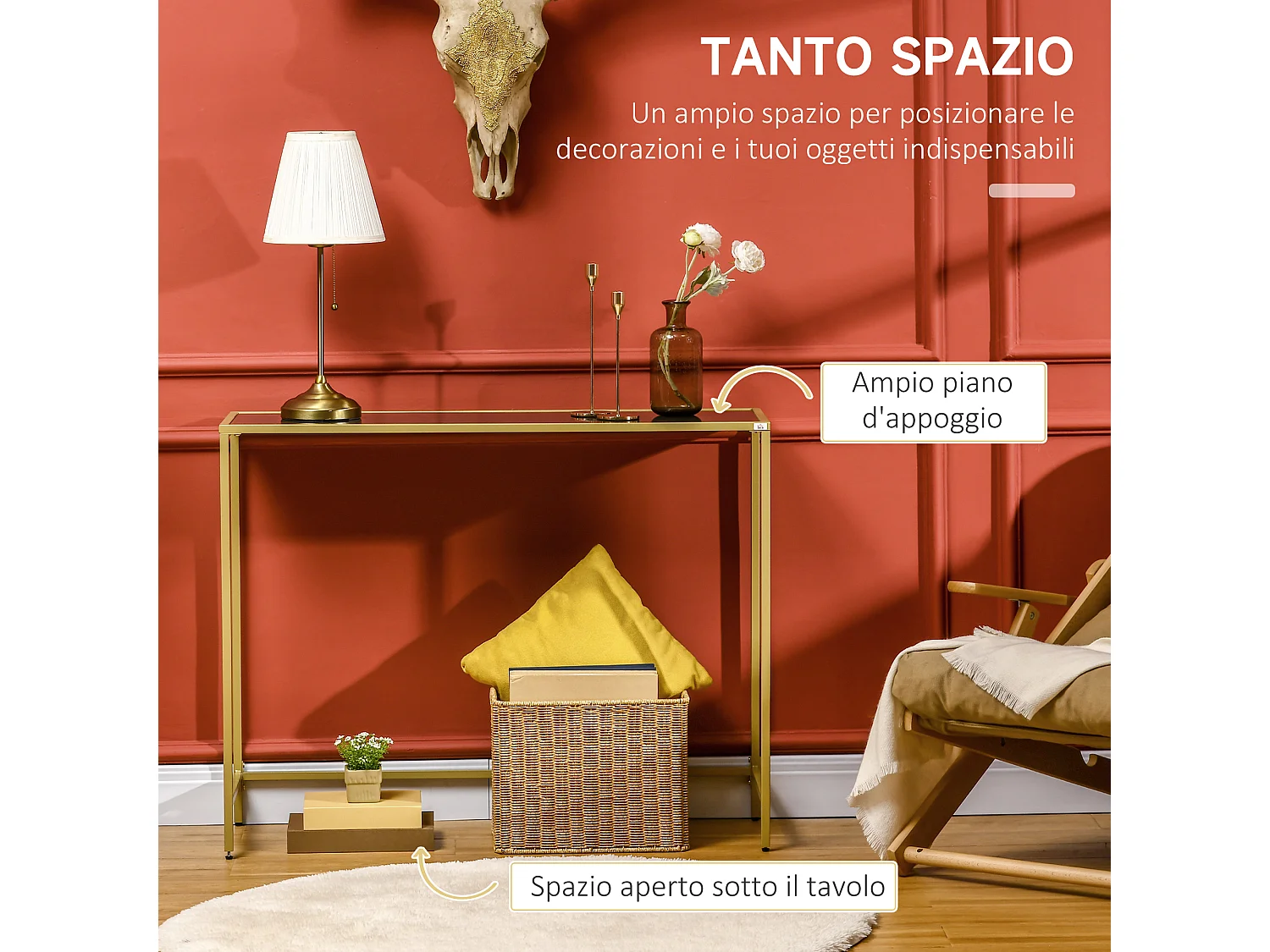 Tavolino consolle da ingresso in acciaio e vetro temperato