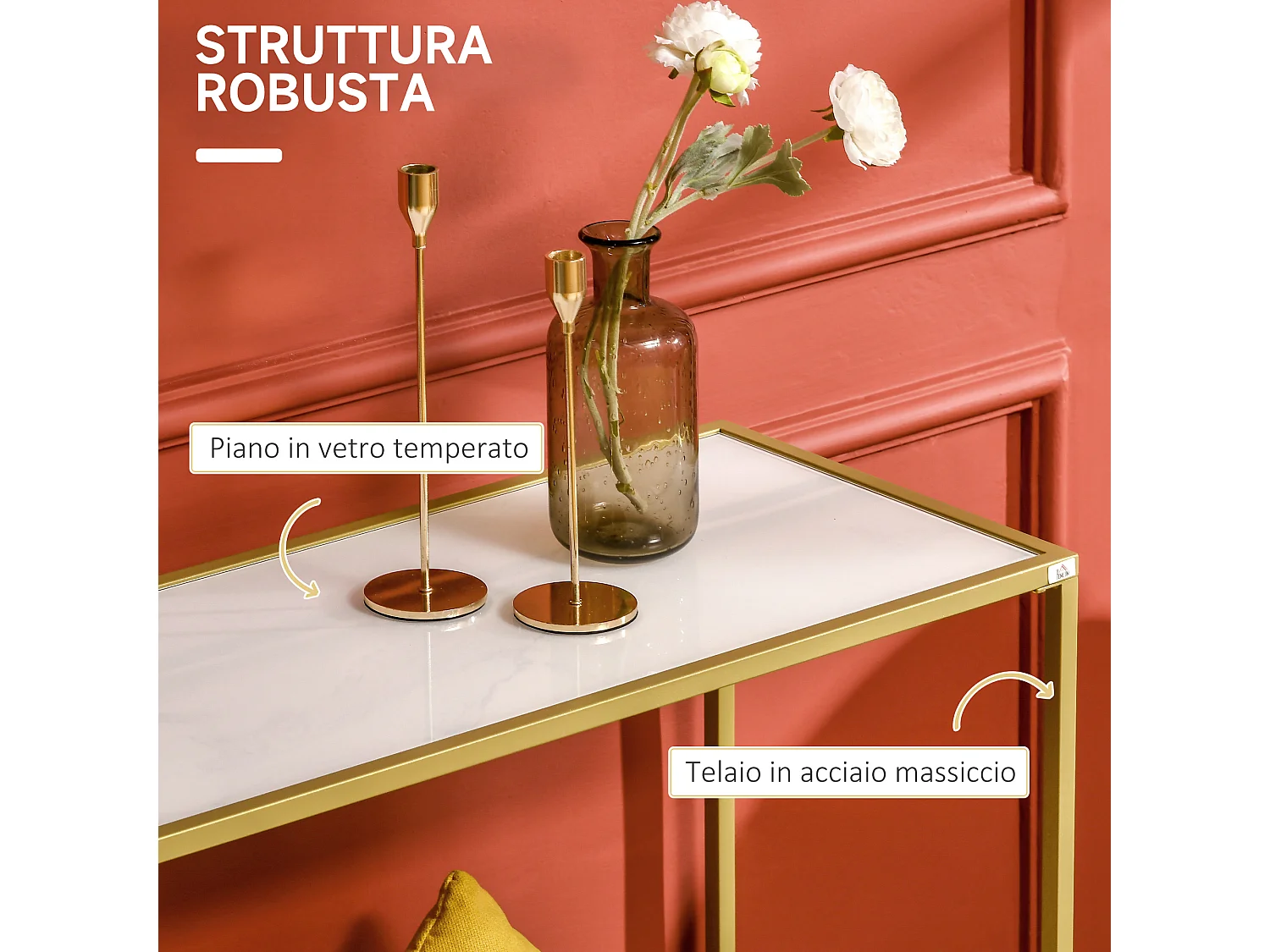 Tavolino consolle da ingresso in acciaio e vetro temperato