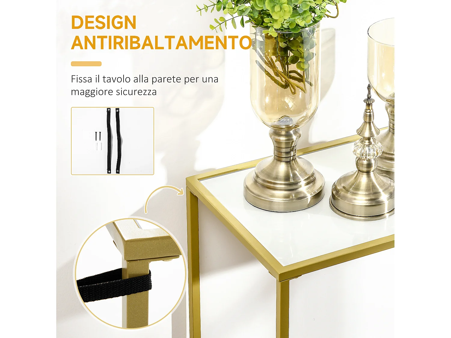 Tavolino consolle da ingresso in acciaio e vetro temperato