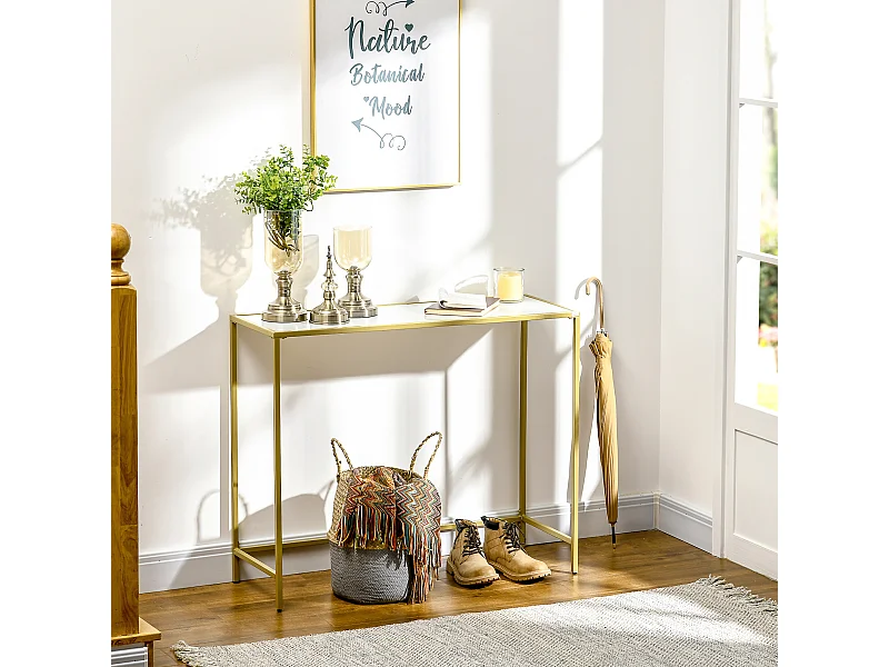 Tavolino consolle da ingresso in acciaio e vetro temperato