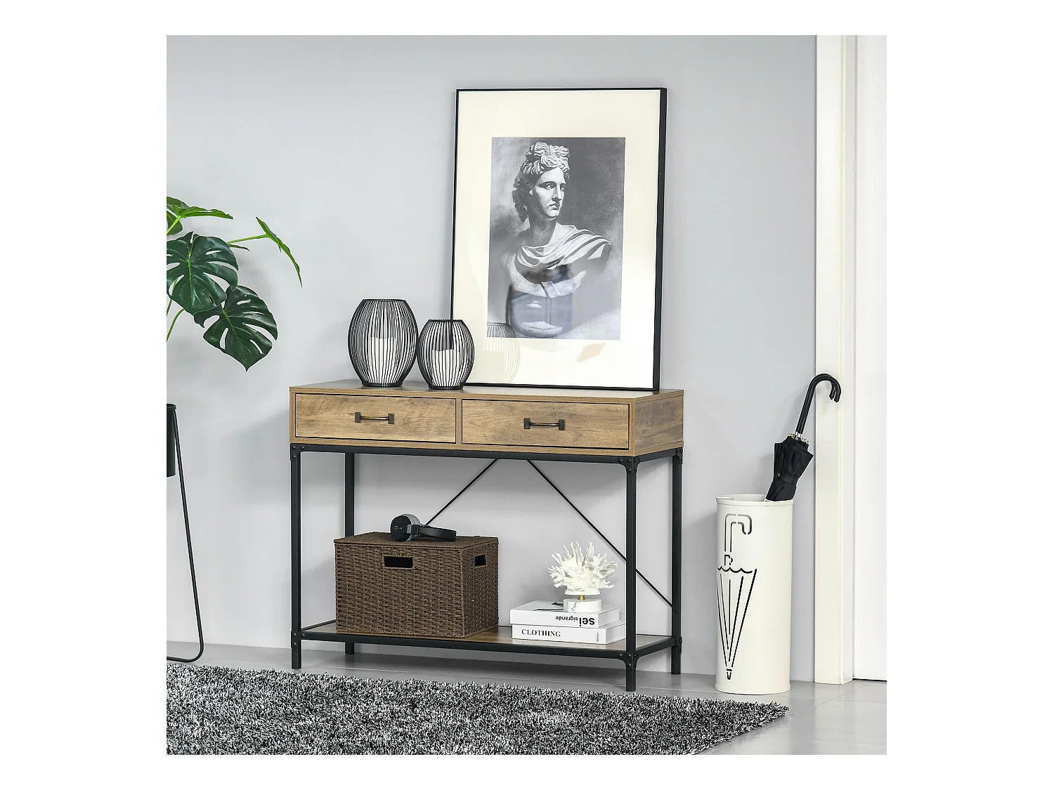 Consolle per ingresso vintage 2 cassetti mensola metallo legno