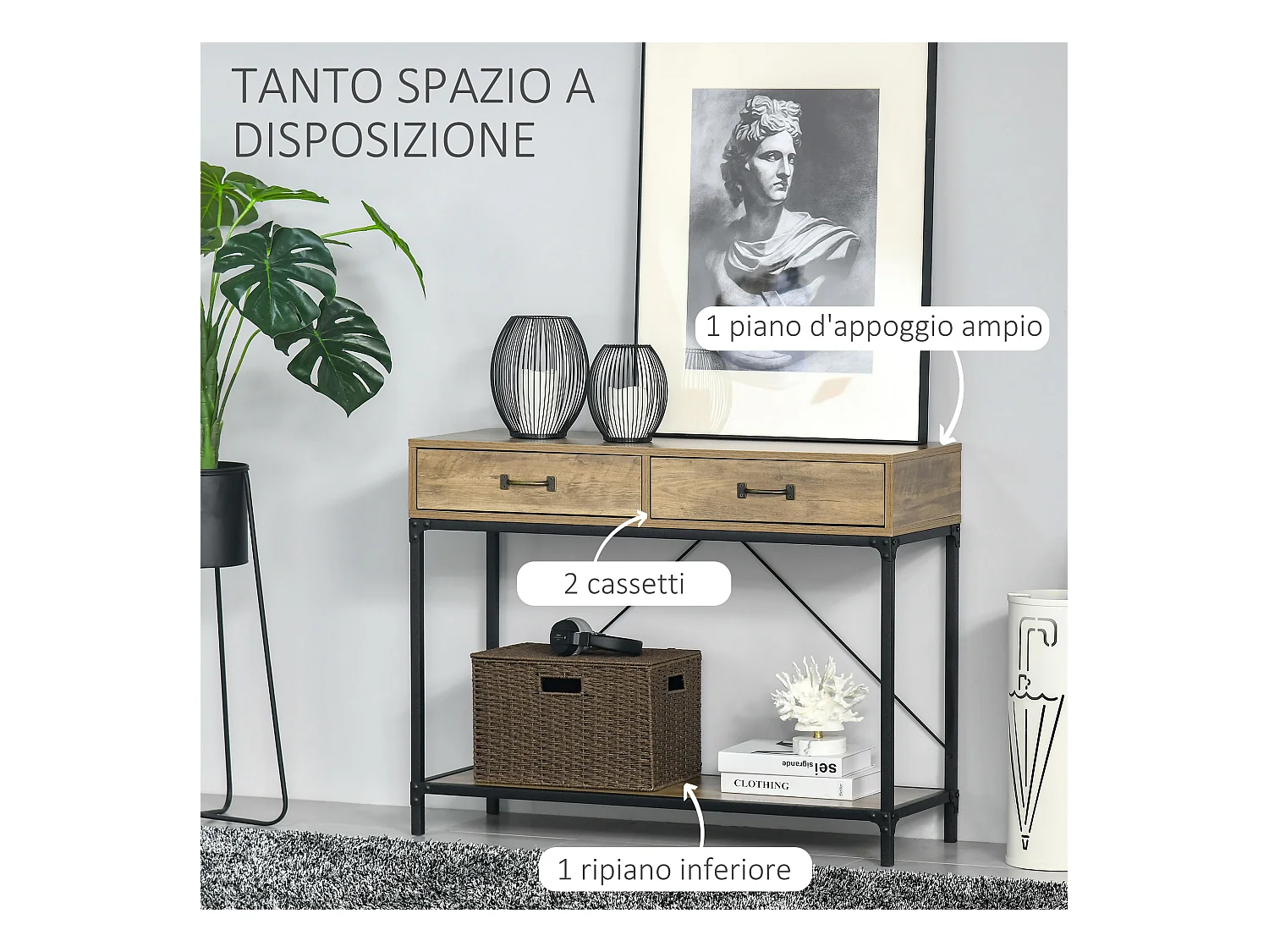 Consolle per ingresso vintage 2 cassetti mensola metallo legno