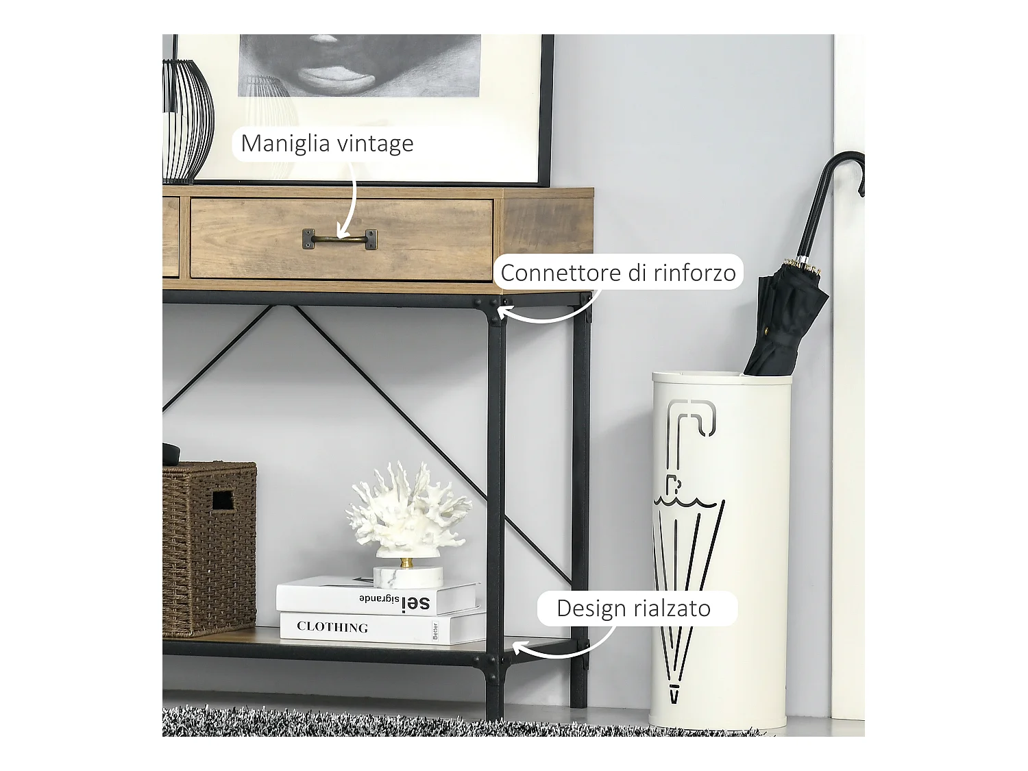 Consolle per ingresso vintage 2 cassetti mensola metallo legno