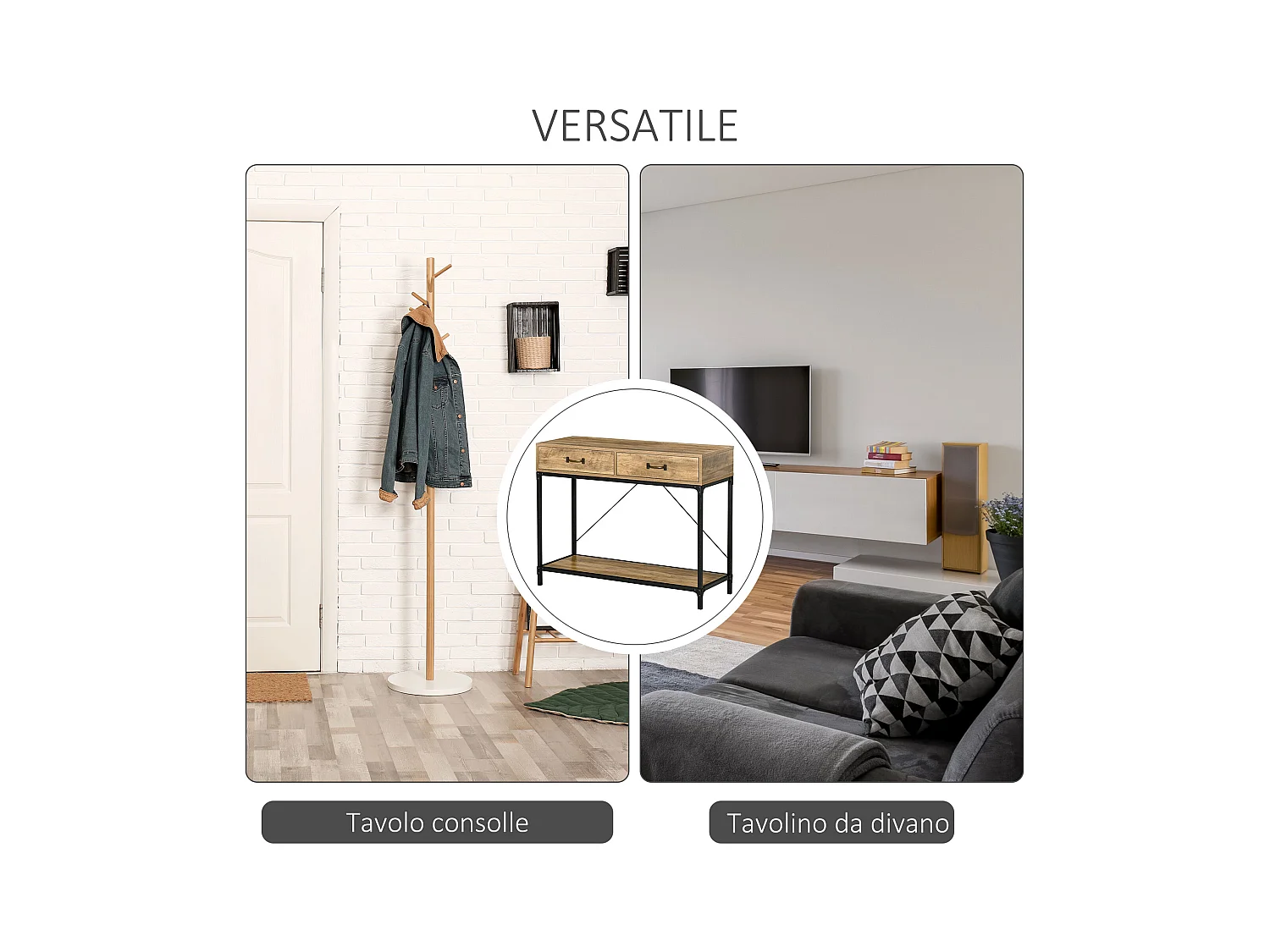 Consolle per ingresso vintage 2 cassetti mensola metallo legno