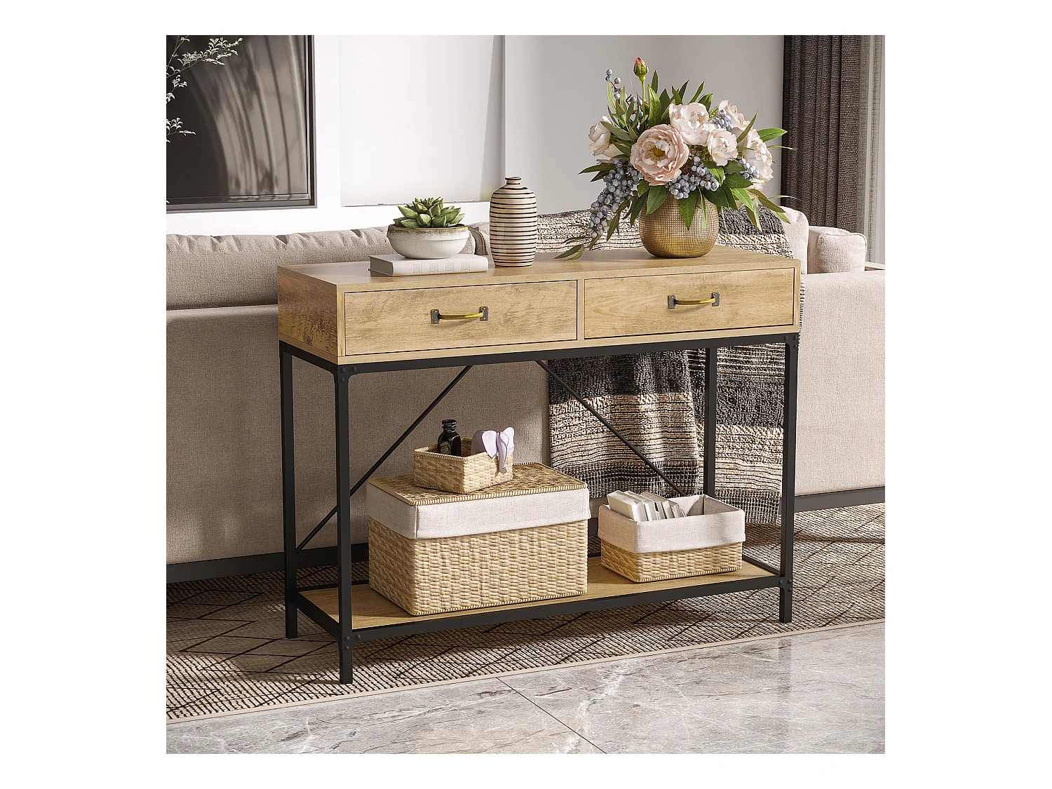 Consolle per ingresso vintage 2 cassetti mensola metallo legno