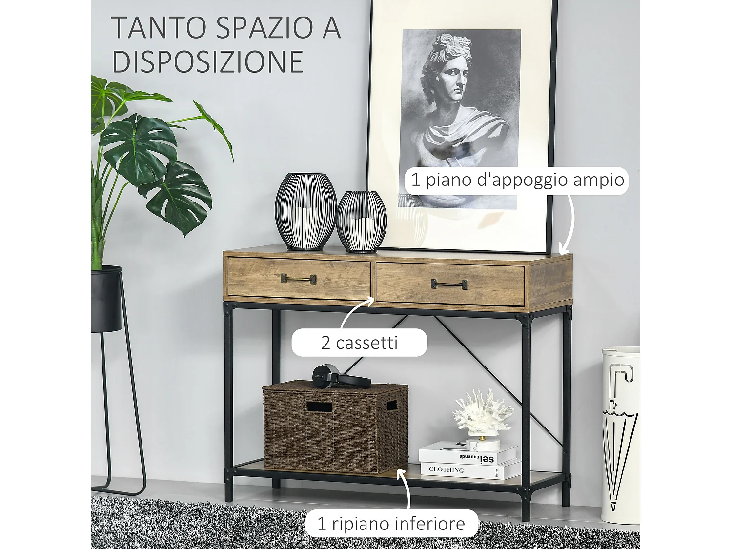 Consolle per ingresso vintage 2 cassetti mensola metallo legno