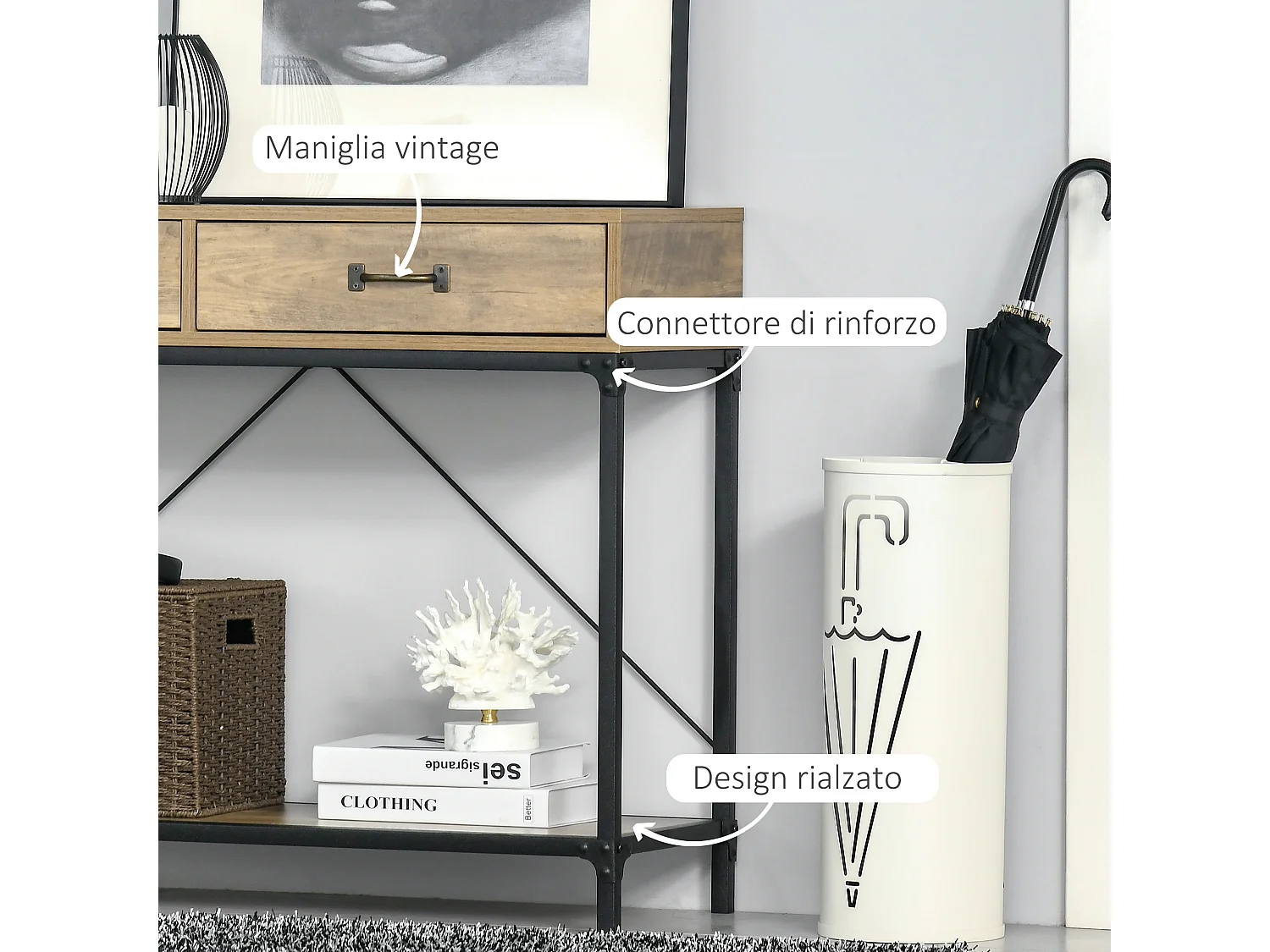 Consolle per ingresso vintage 2 cassetti mensola metallo legno