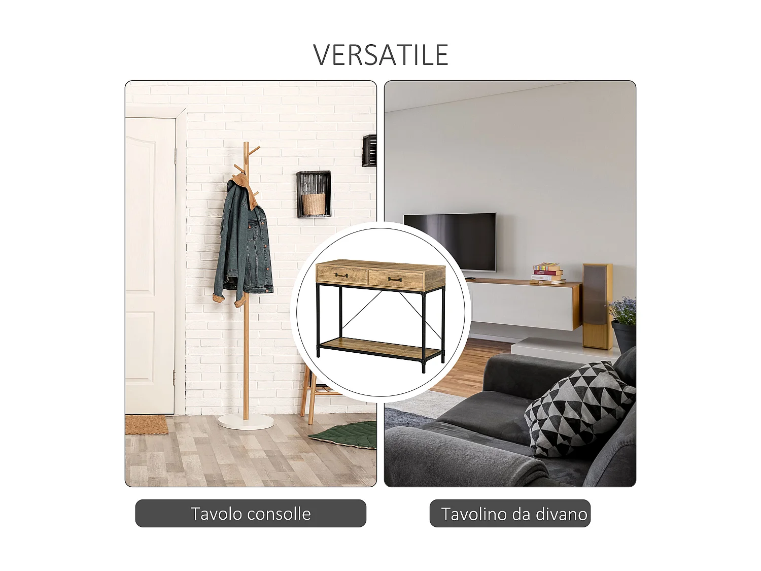 Consolle per ingresso vintage 2 cassetti mensola metallo legno