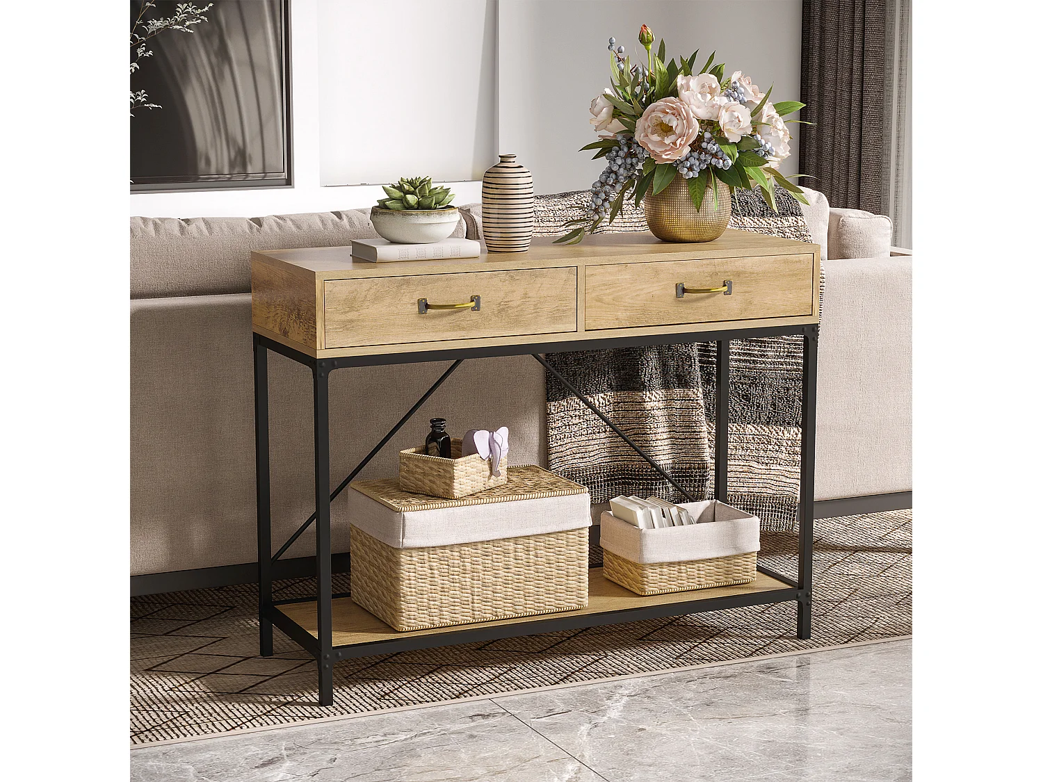 Consolle per ingresso vintage 2 cassetti mensola metallo legno