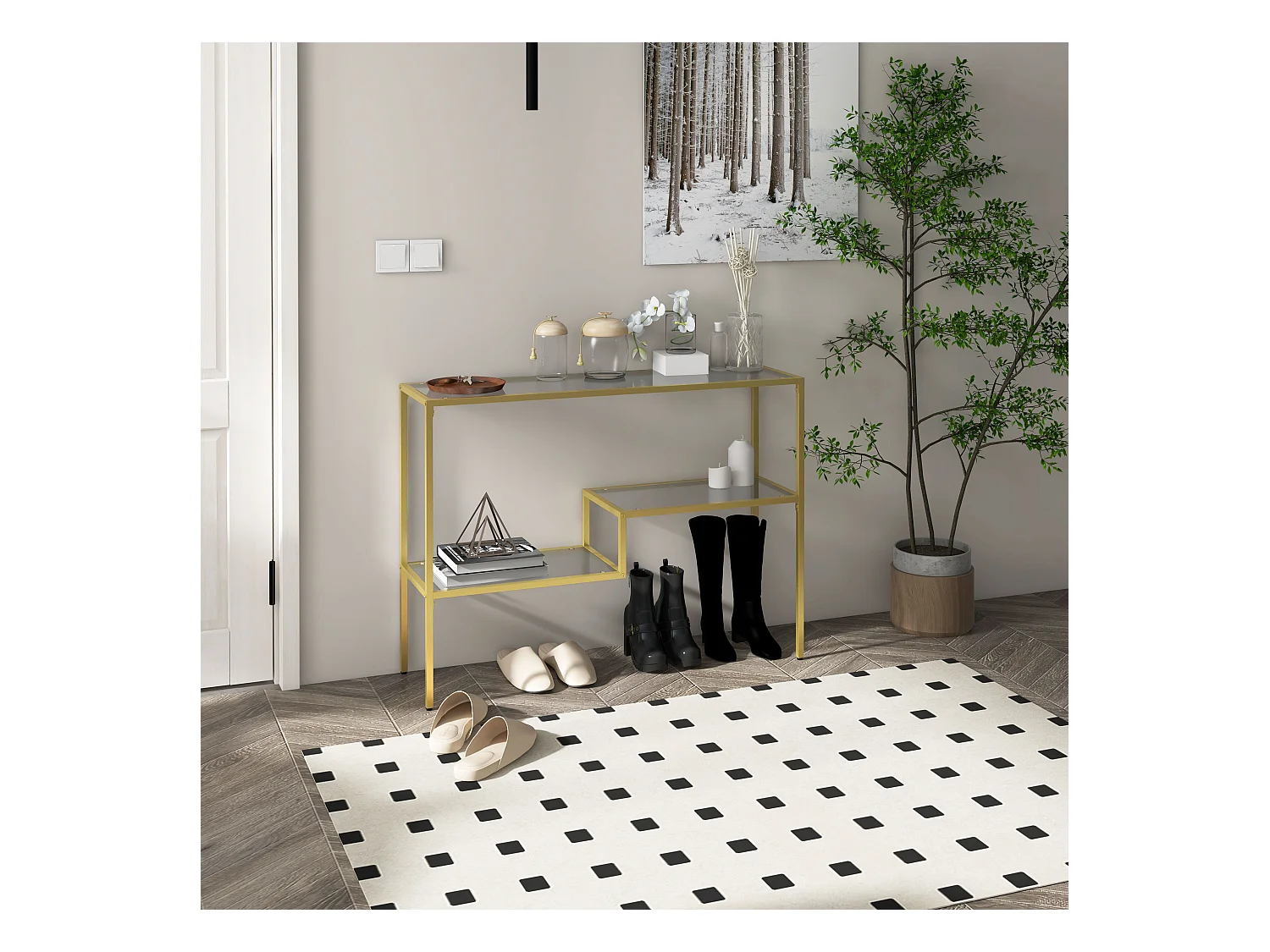 Consolle da ingresso a 3 ripiani in vetro temperato e acciaio