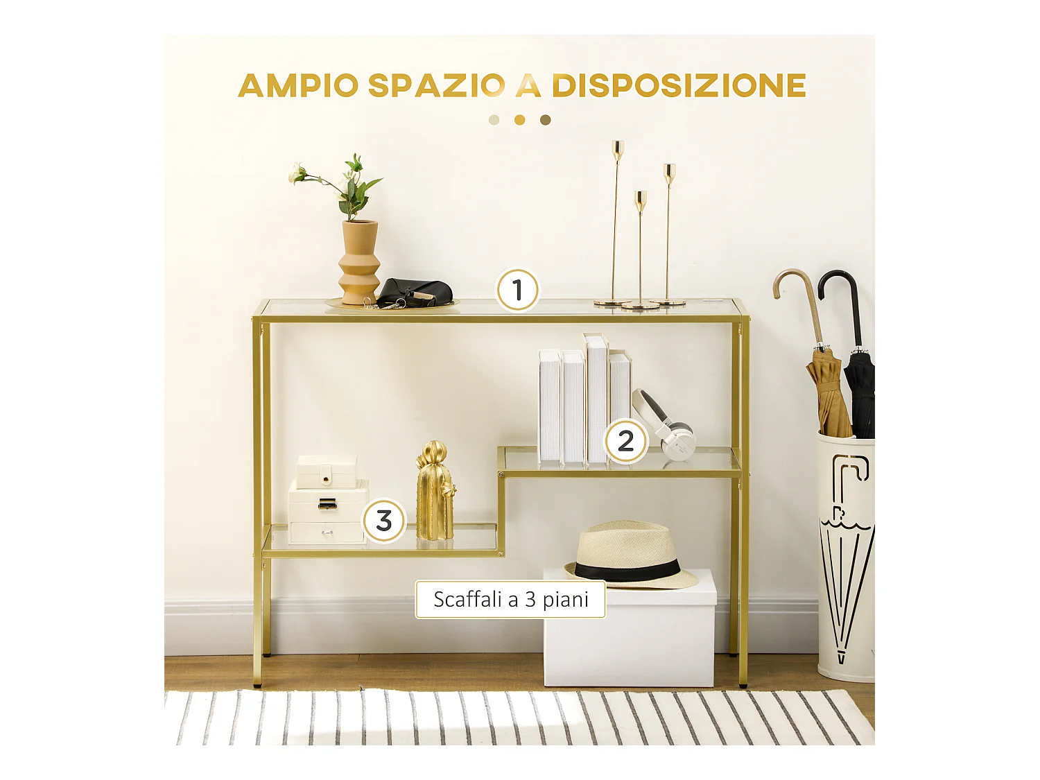 Consolle da ingresso a 3 ripiani in vetro temperato e acciaio