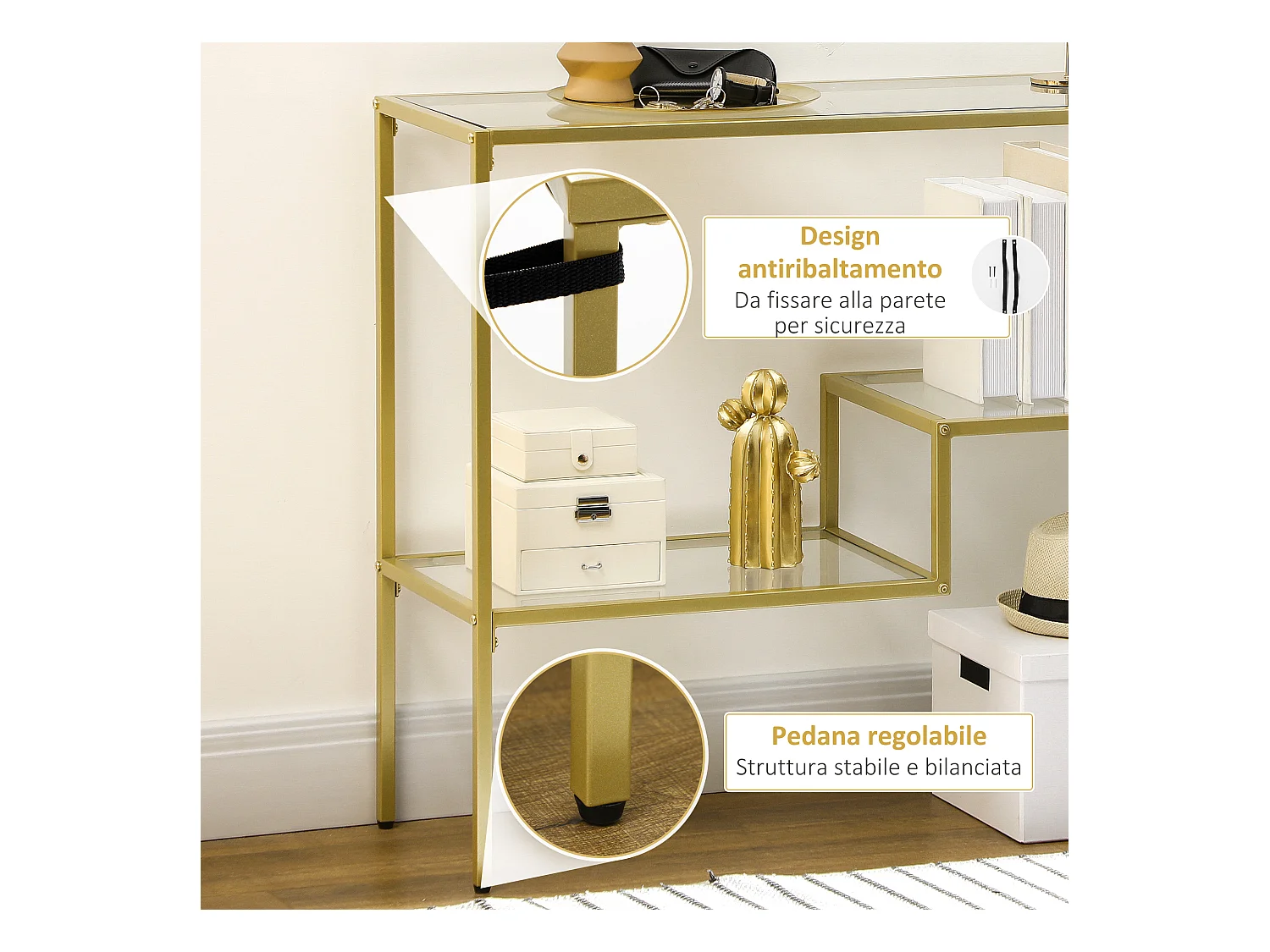 Consolle da ingresso a 3 ripiani in vetro temperato e acciaio