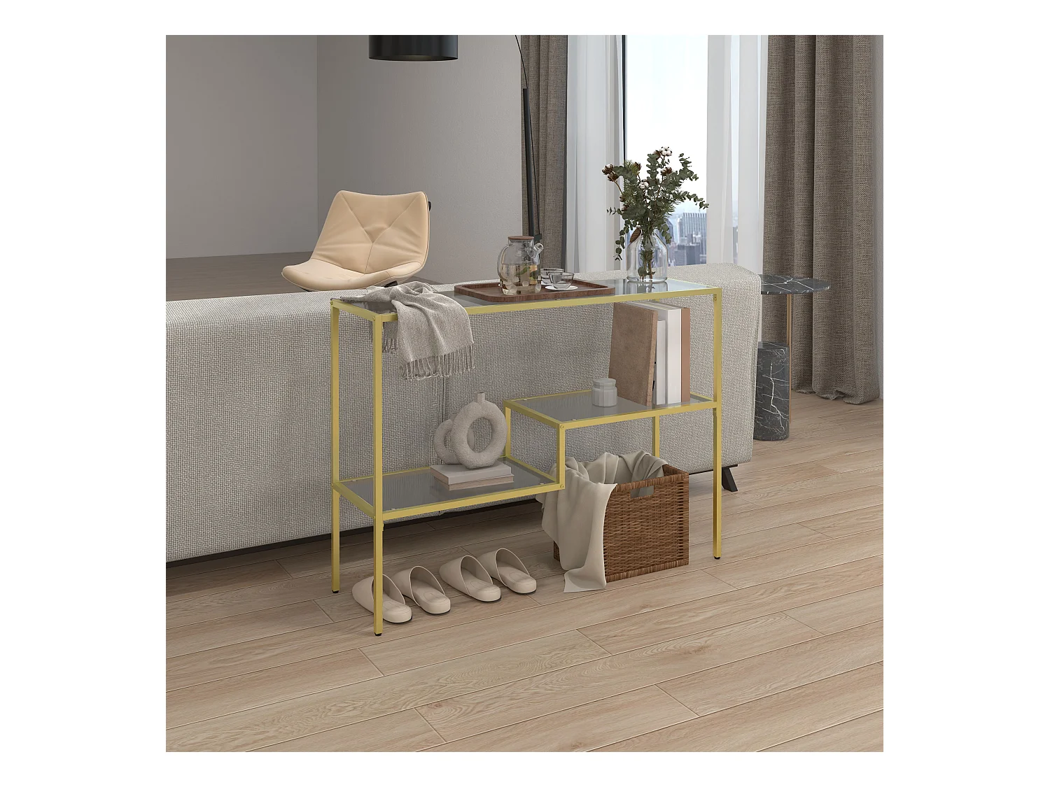 Consolle da ingresso a 3 ripiani in vetro temperato e acciaio