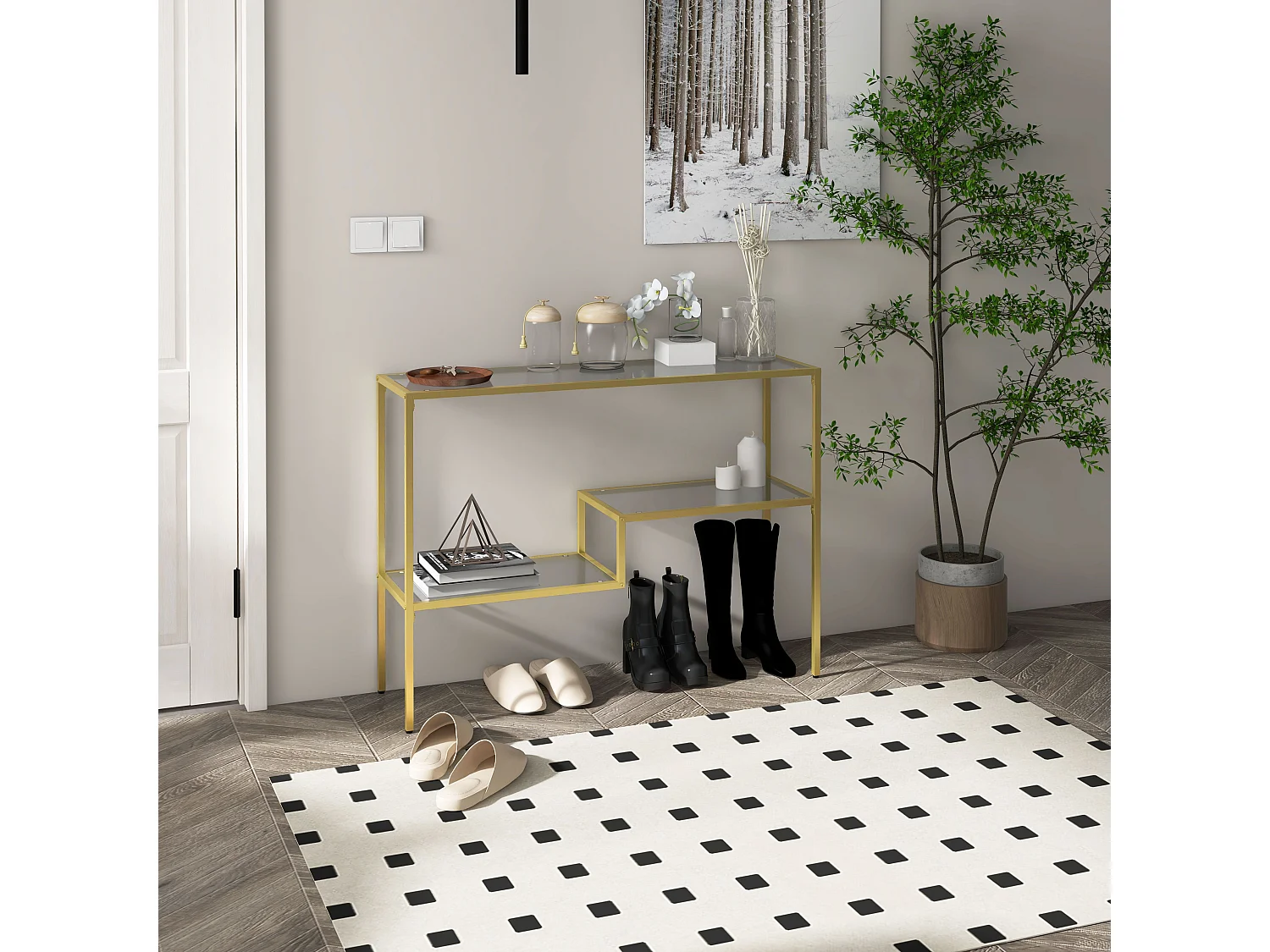 Consolle da ingresso a 3 ripiani in vetro temperato e acciaio