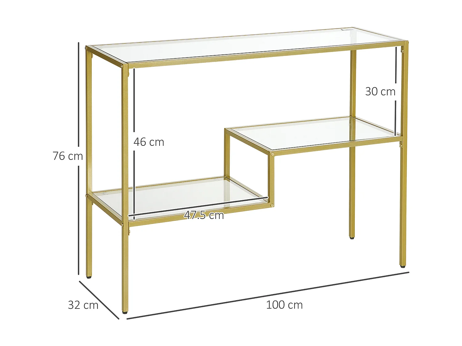 Consolle da ingresso a 3 ripiani in vetro temperato e acciaio