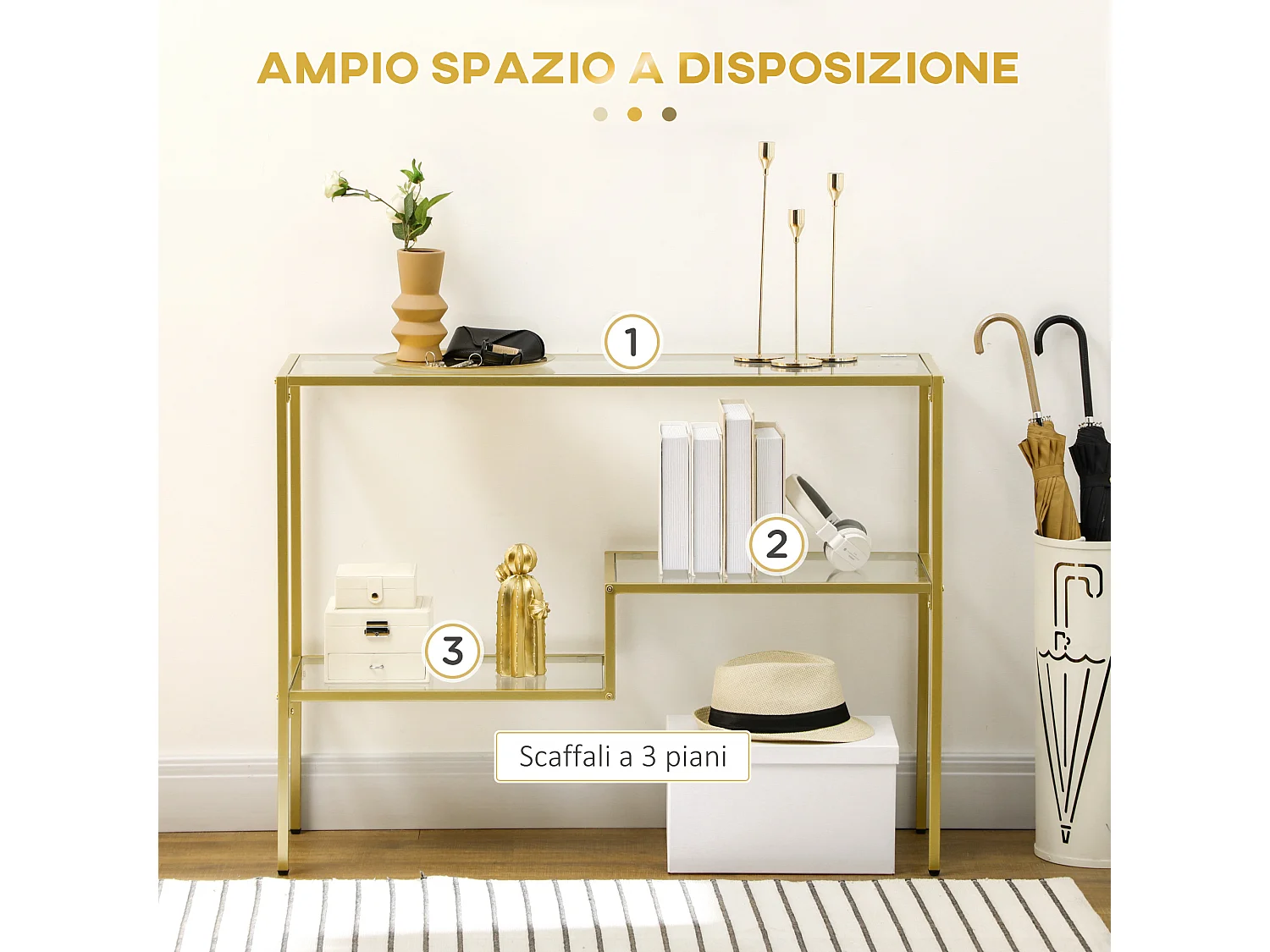 Consolle da ingresso a 3 ripiani in vetro temperato e acciaio