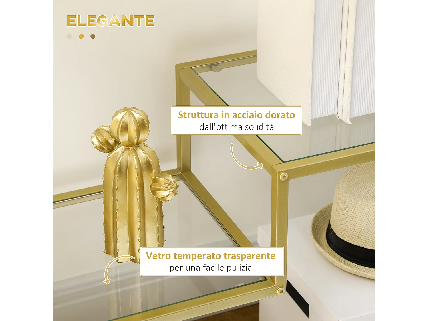 Consolle da ingresso a 3 ripiani in vetro temperato e acciaio