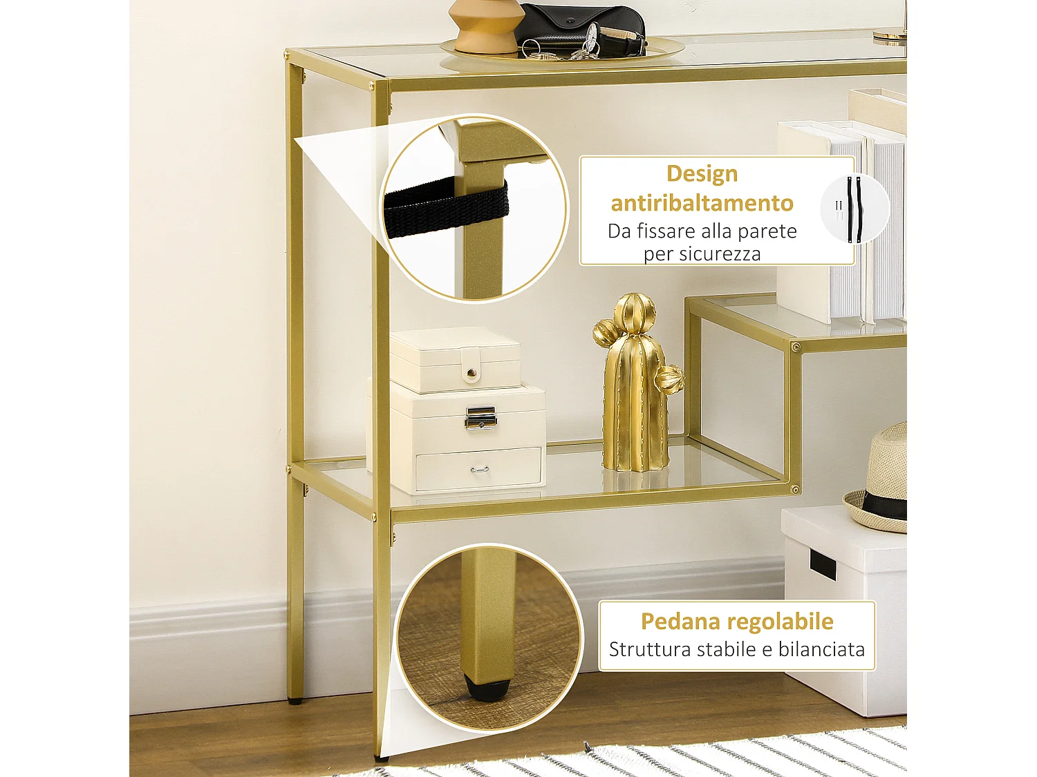 Consolle da ingresso a 3 ripiani in vetro temperato e acciaio