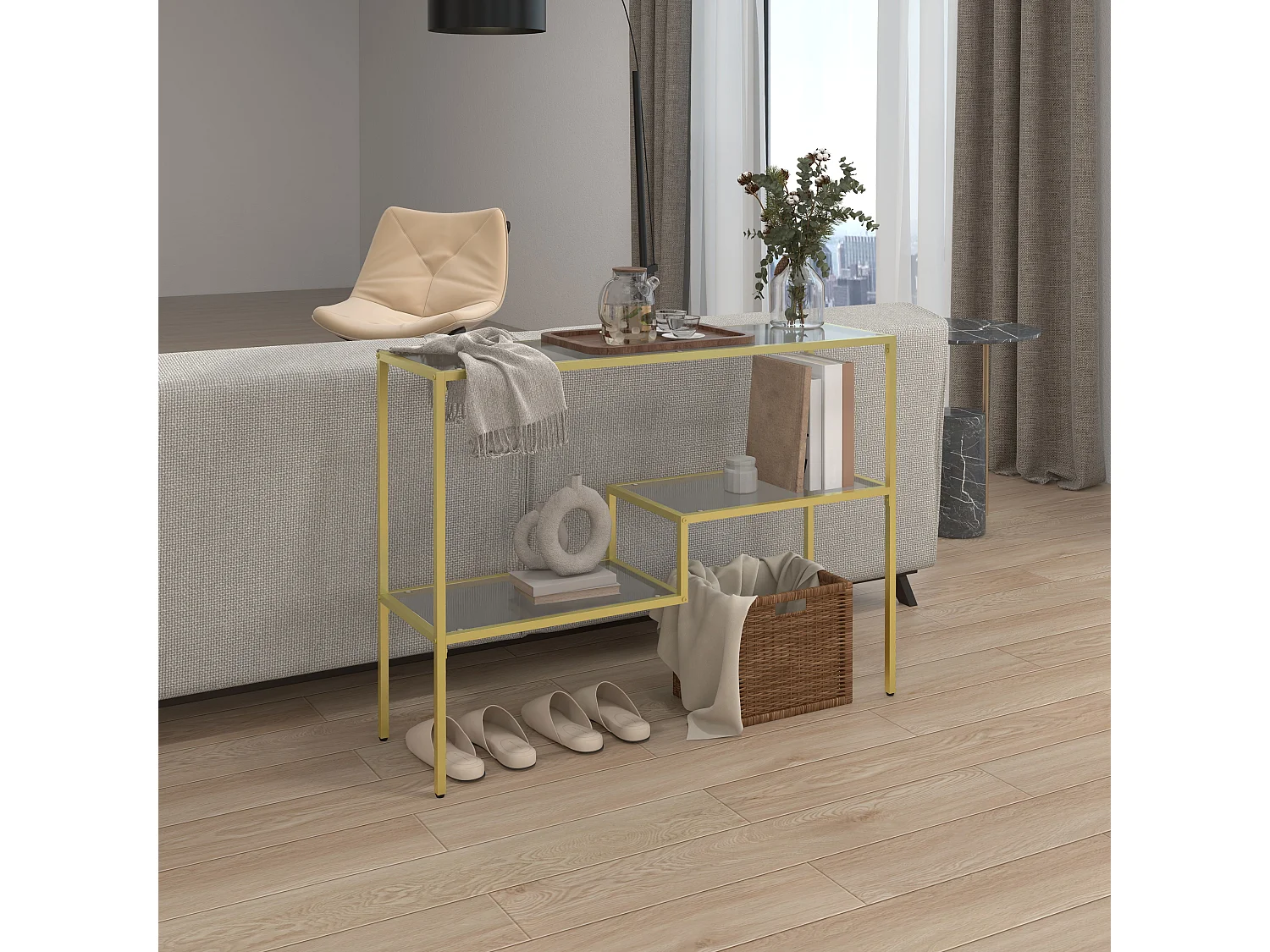 Consolle da ingresso a 3 ripiani in vetro temperato e acciaio