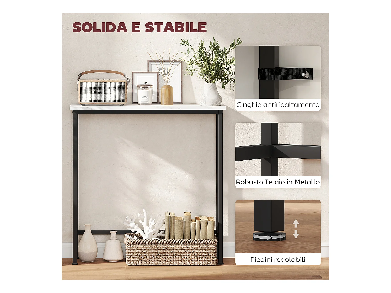 Tavolo consolle da ingresso con piano effetto marmo bianco e nero