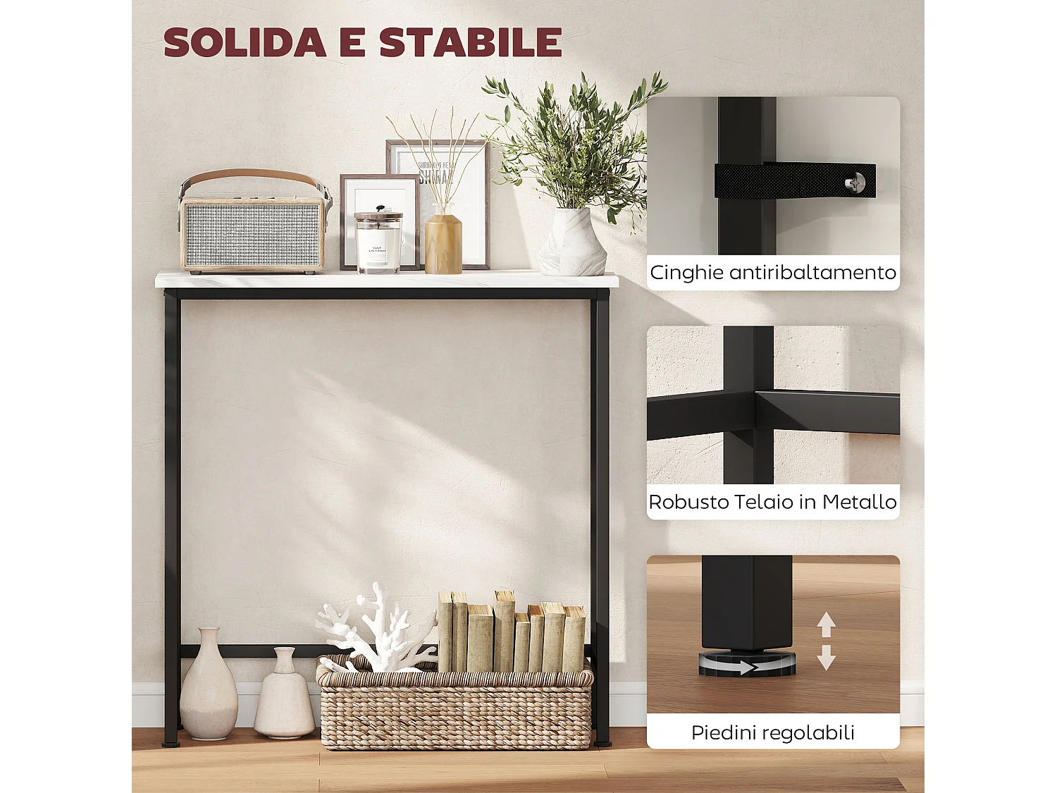 Tavolo consolle da ingresso con piano effetto marmo bianco e nero