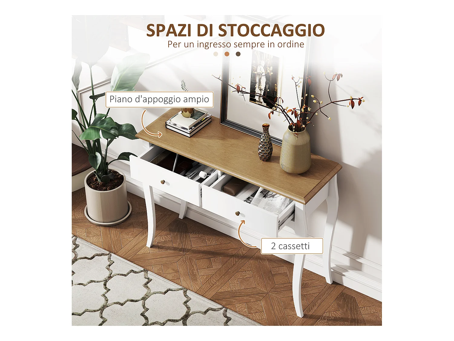 Tavolo consolle moderno con 2 cassetti in legno 100x35x76.5 cm bianco