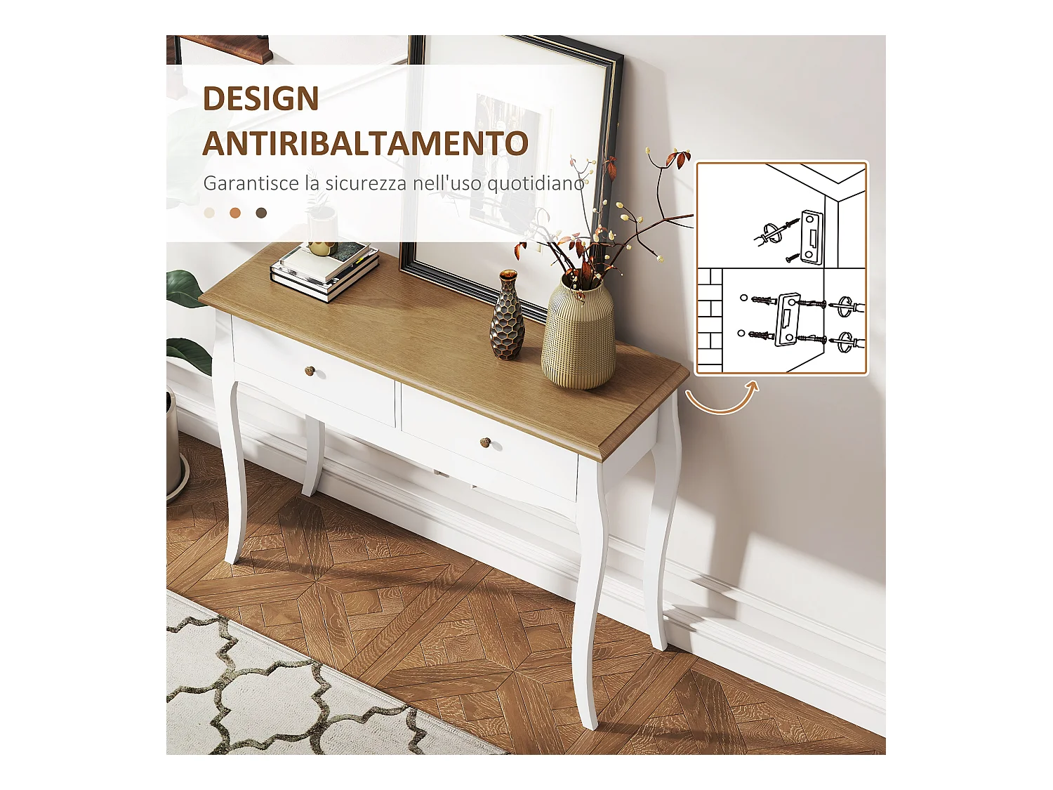 Tavolo consolle moderno con 2 cassetti in legno 100x35x76.5 cm bianco