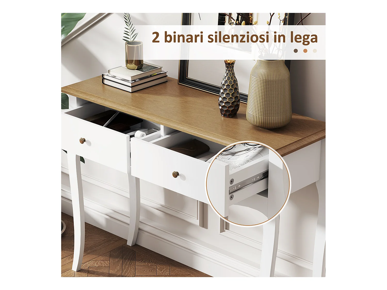 Tavolo consolle moderno con 2 cassetti in legno 100x35x76.5 cm bianco
