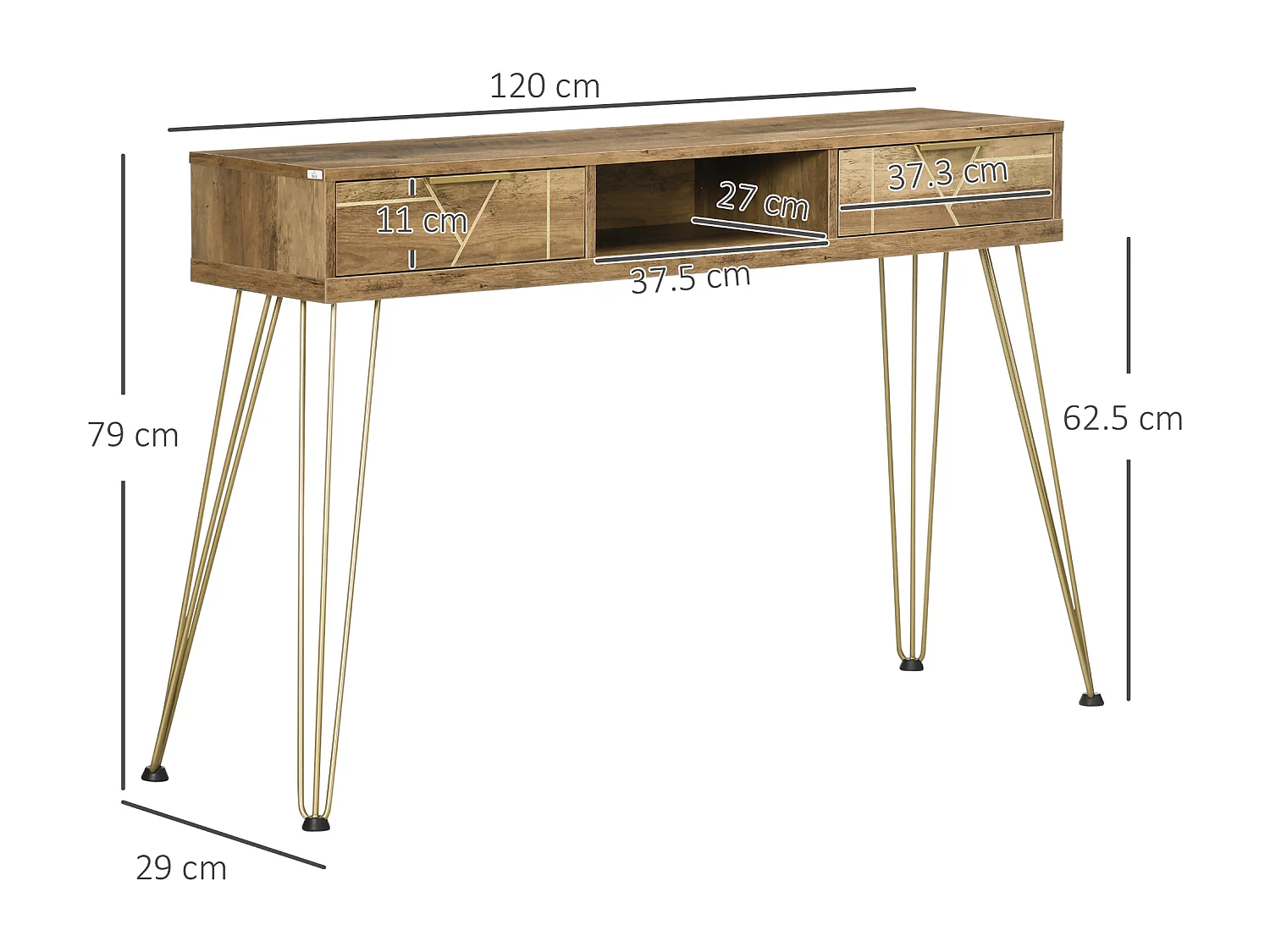Tavolo consolle da ingresso con ripiano aperto e 2 cassetti