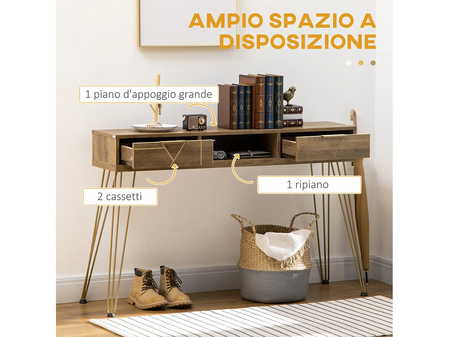 Tavolo consolle da ingresso con ripiano aperto e 2 cassetti