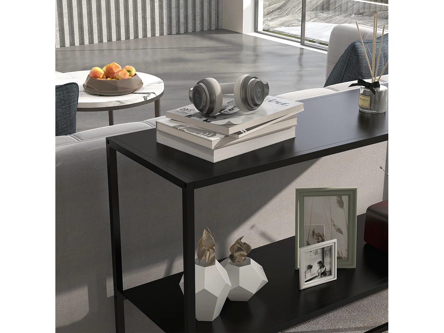 Mobile consolle da ingresso moderno a 2 ripiani in acciaio nero