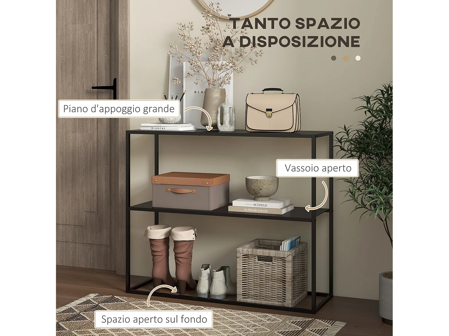 Mobile consolle da ingresso moderno a 2 ripiani in acciaio nero