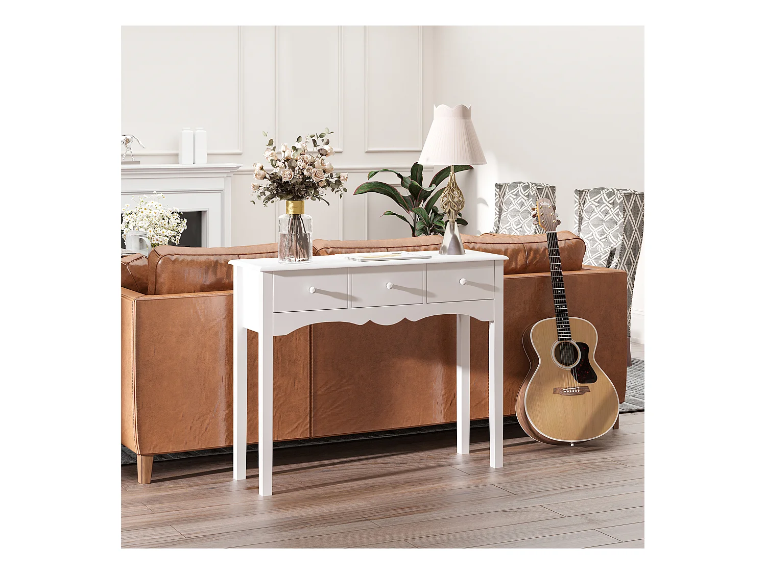 Tavolo consolle moderno con 3 cassetti in mdf 100x32x85 cm bianco