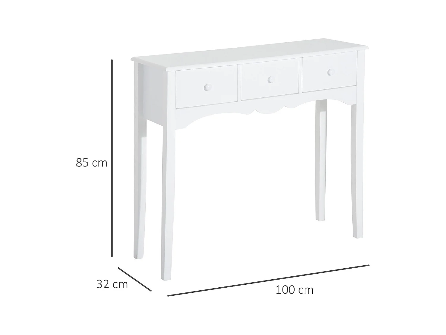 Tavolo consolle moderno con 3 cassetti in mdf 100x32x85 cm bianco
