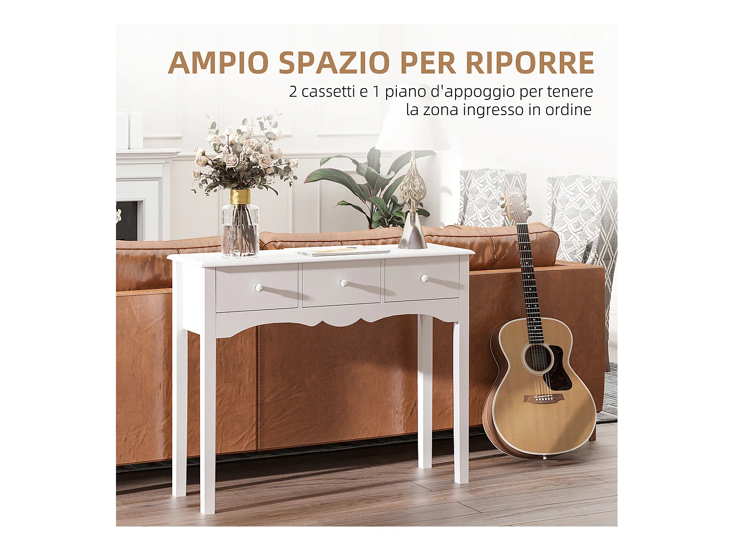 Tavolo consolle moderno con 3 cassetti in mdf 100x32x85 cm bianco