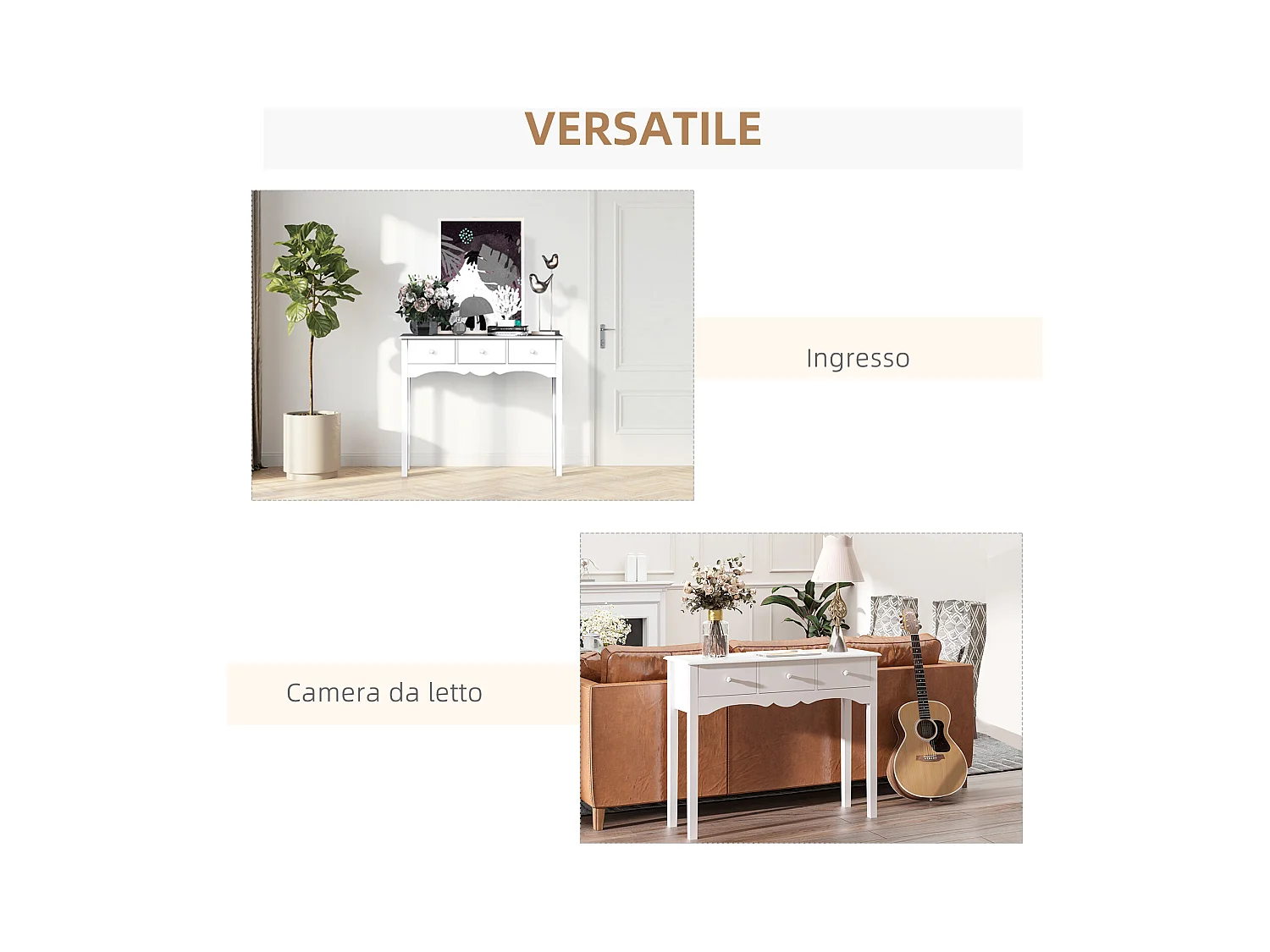 Tavolo consolle moderno con 3 cassetti in mdf 100x32x85 cm bianco