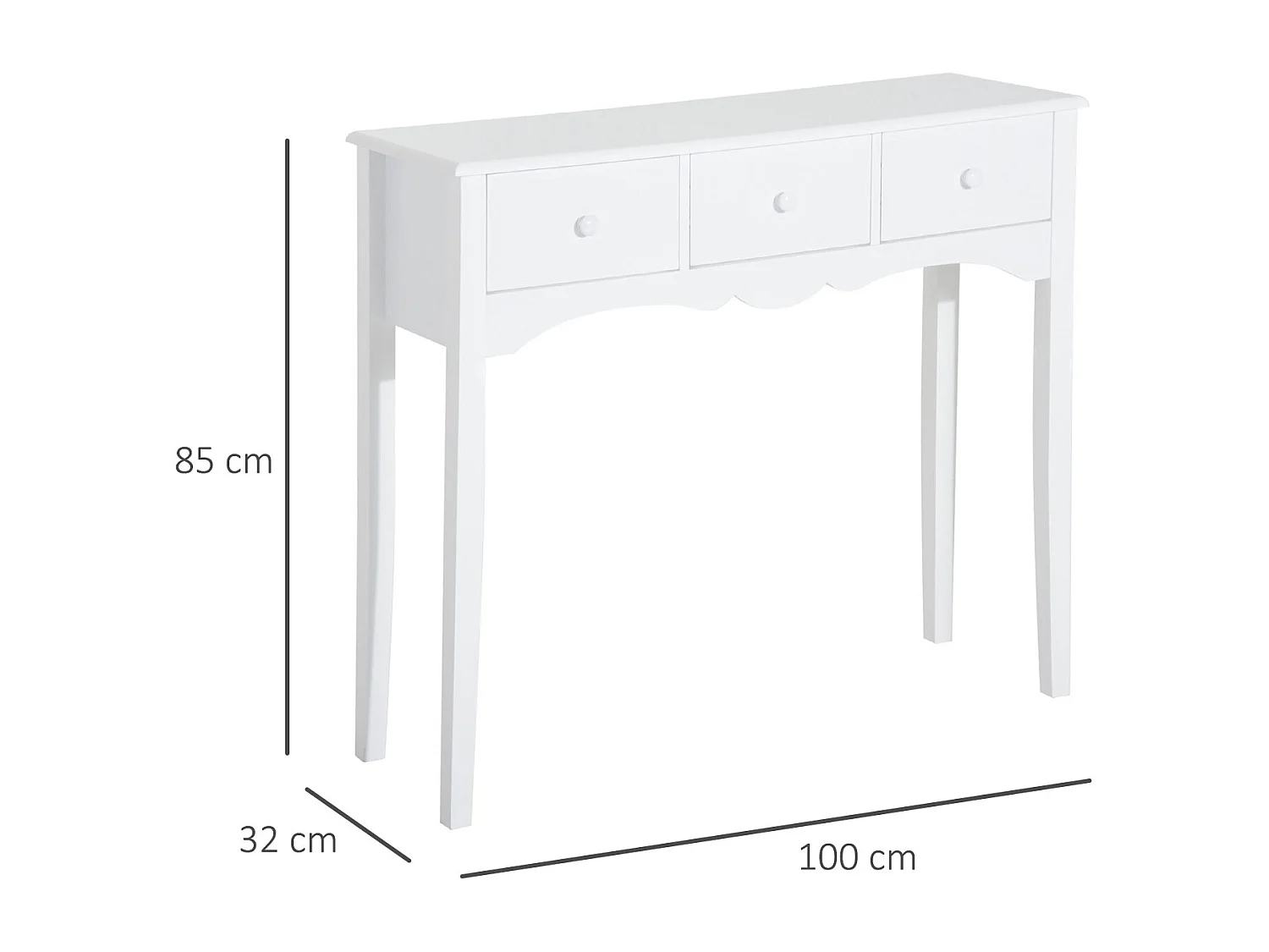 Tavolo consolle moderno con 3 cassetti in mdf 100x32x85 cm bianco