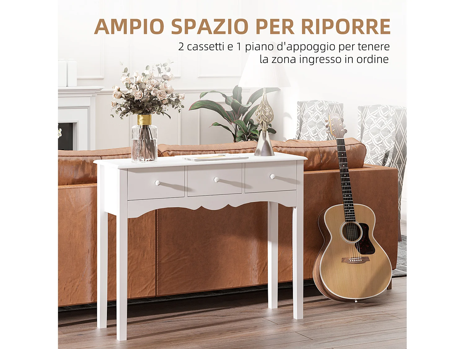 Tavolo consolle moderno con 3 cassetti in mdf 100x32x85 cm bianco